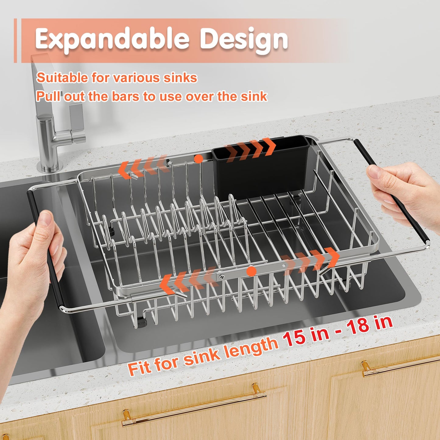 Expandable Over The Sink Dish Drainer Drying Rack In Stainless Steel Metal For Small Kitchen, Counter Space Saving Compact Above Plate Dryer Strainer, Adjustable Hanging Inside Sink Wire Drain Holder