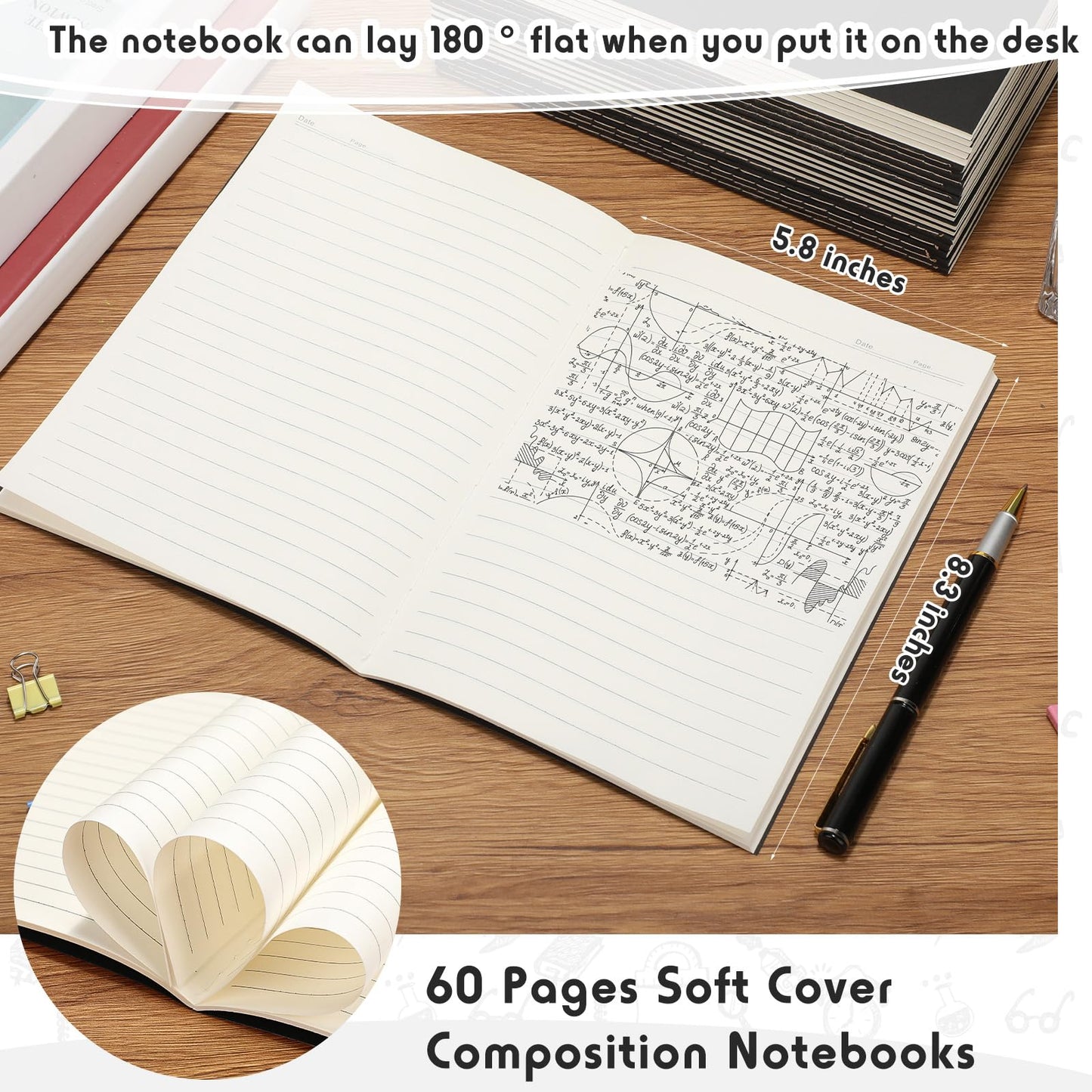 Handepo 100 Pack Composition Notebooks A5/A6 Ruled Lined Composition Kraft Notebooks Bulk Soft Cover Journals Travel Diary Memo for Students Classroom Office Supplies(A5,Black)