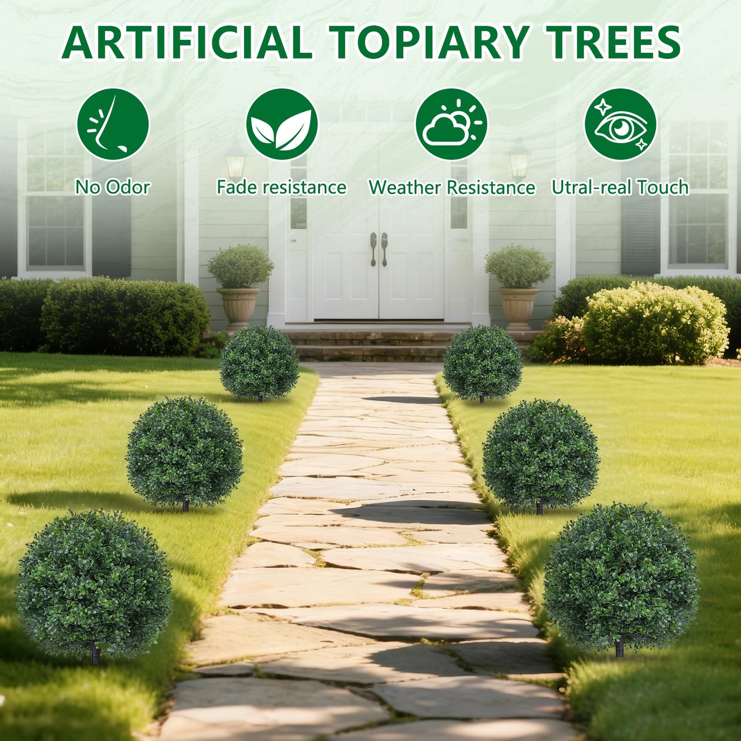 Artificial Boxwood Topiary Trees with Ground Spike,2 Pieces Fake Pine Shrubs Bushes, UV Resistant Faux Evergreen Cypress Tree Plants for Indoor Outdoor Planters Front Porch