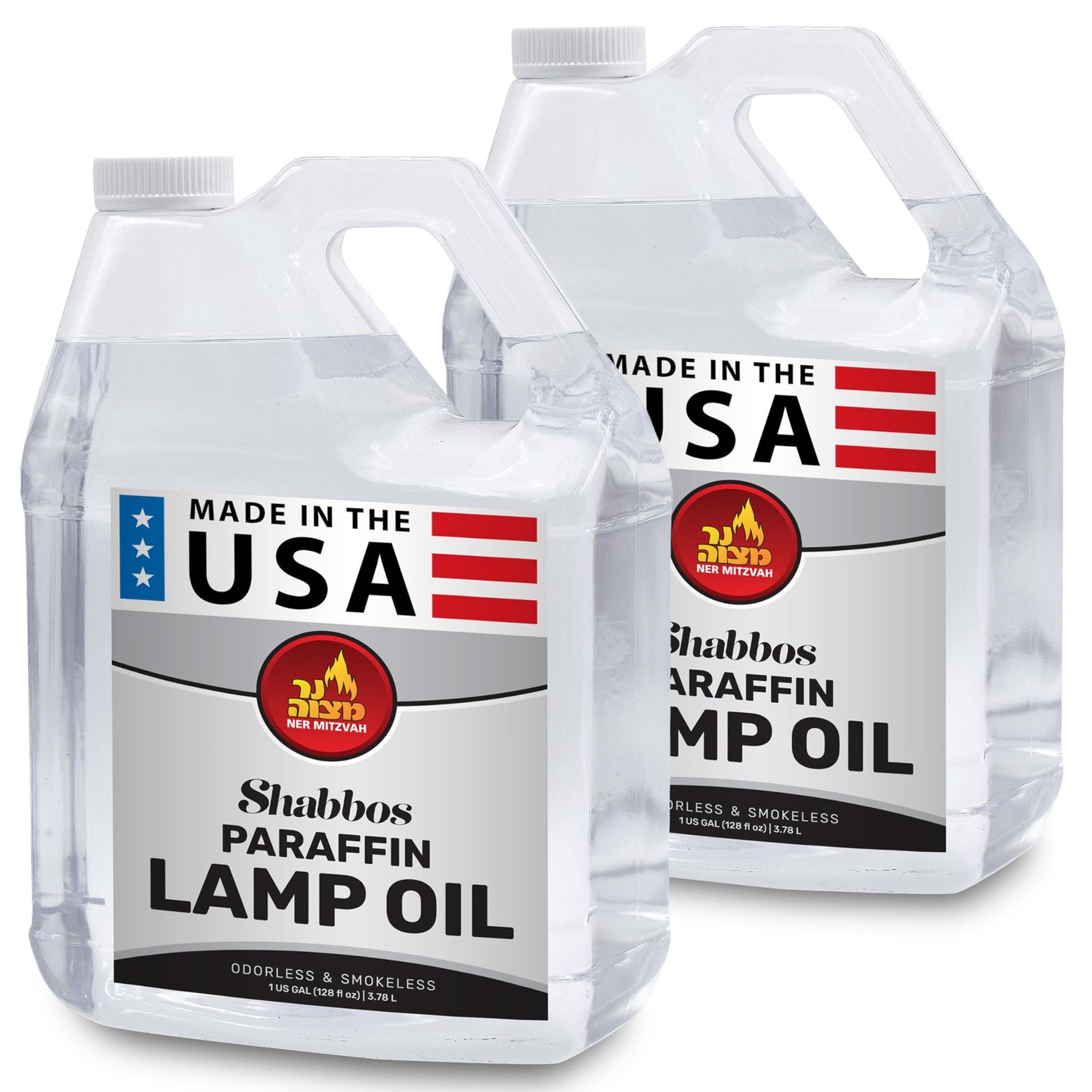 Ner Mitzvah 1 Gallon Paraffin Lamp Oil - Clear Smokeless, Odorless, Clean Burning Fuel for Indoor and Outdoor Use - Shabbos Lamp Oil - 2 Pack