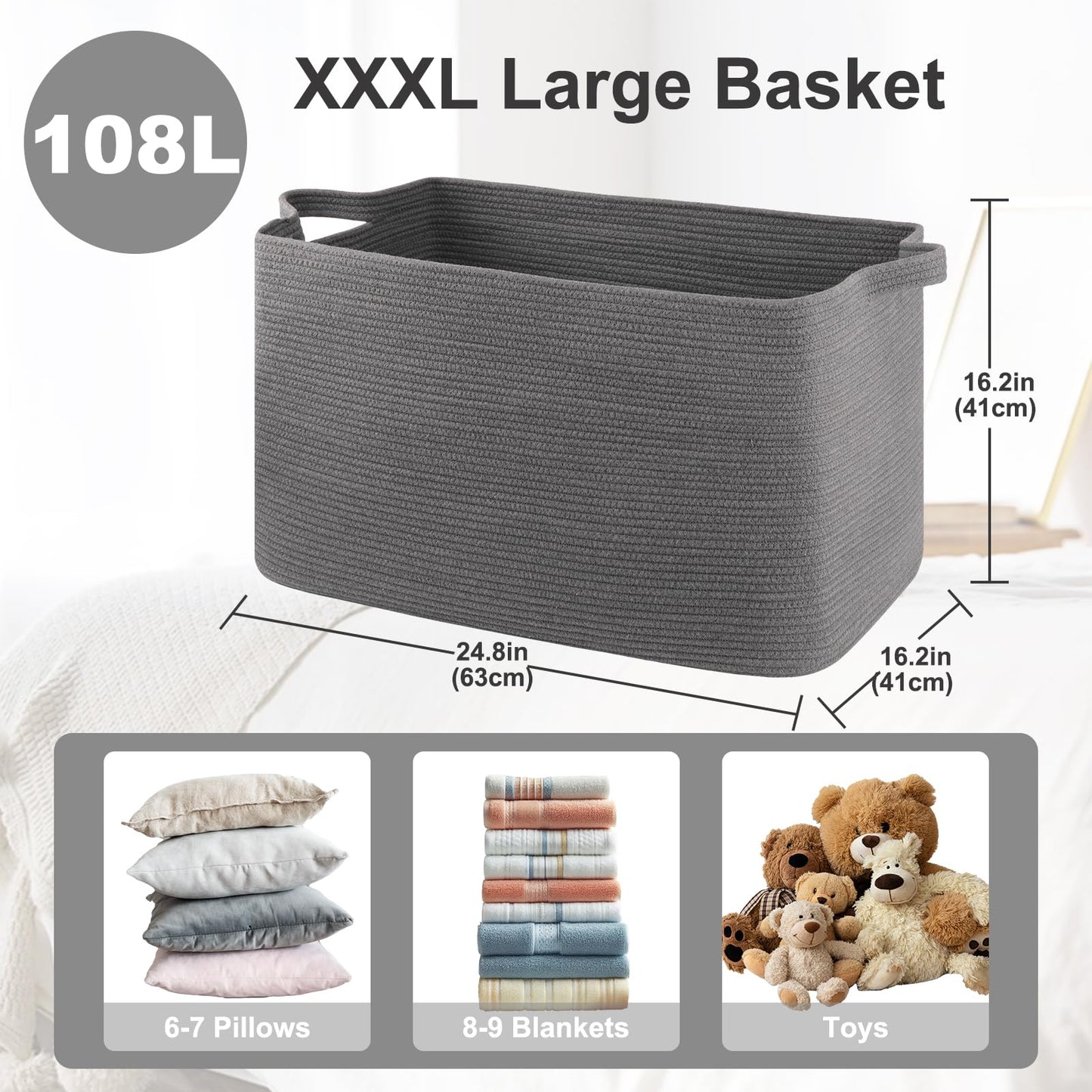 108L Extra Large Blanket Basket, for Living Room, Nursery, Bedroom, Laundry Room,Rectangle Woven Storage with Handles for Comforters, Pillows, Cushions and Toys, 24.8" x 16.2" x 16.2", Dark Grey