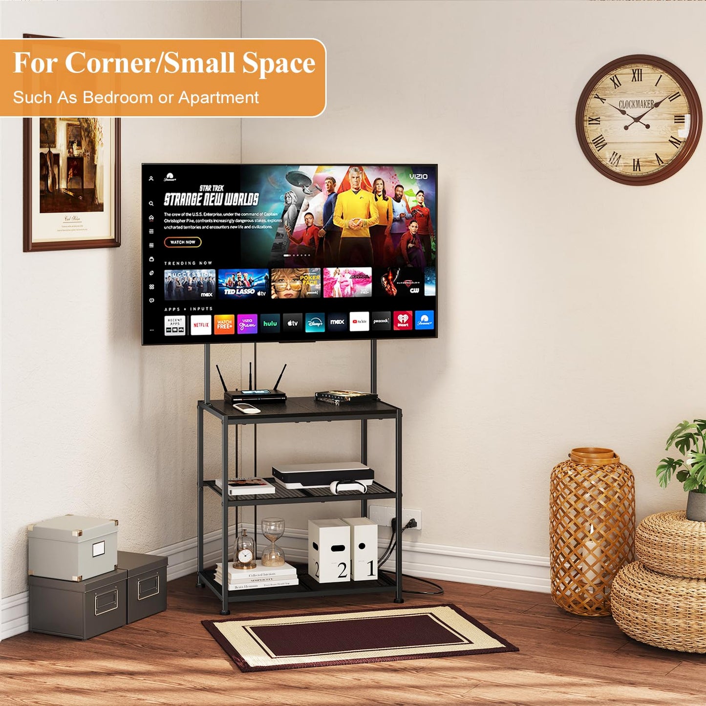 23 Inch to 50 Inch Floor Small Corner TV Stand with Storage Shelves for Living Room Bedroom, Universal Floor Television Stands with Mount, Farmhouse Black TV Table Desk Shelf for Small Spaces