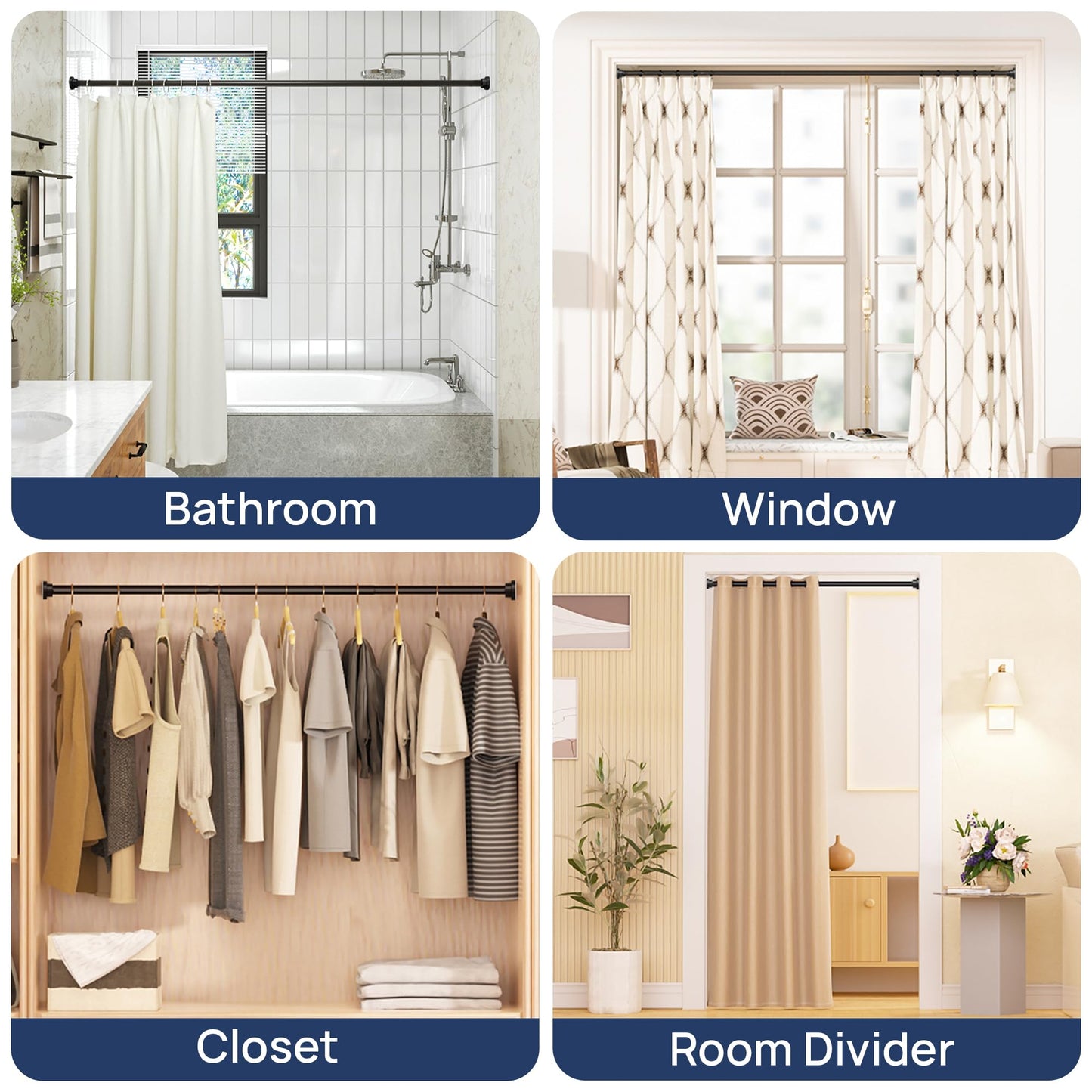 ENJOYBASICS 2 Pack Adjustable Spring Tension Curtain Rods 32 to 78 Inches, Stainless Steel Matte Black Shower Rod No Drilling for Window, Bathroom, Closet, Room Divider, 7/8" Diameter