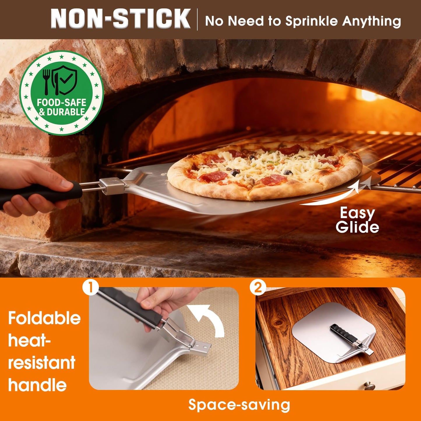 Bonteck Pizza Peel Aluminum Metal Pizza Spatula Kit | 12x14 Inch Foldable Handle Paddle | 6Pcs Pizza Oven Accessories with Rocker Cutter, Pizza Pan, Pizza Server, Oven Mitts, for Family Oven Baking