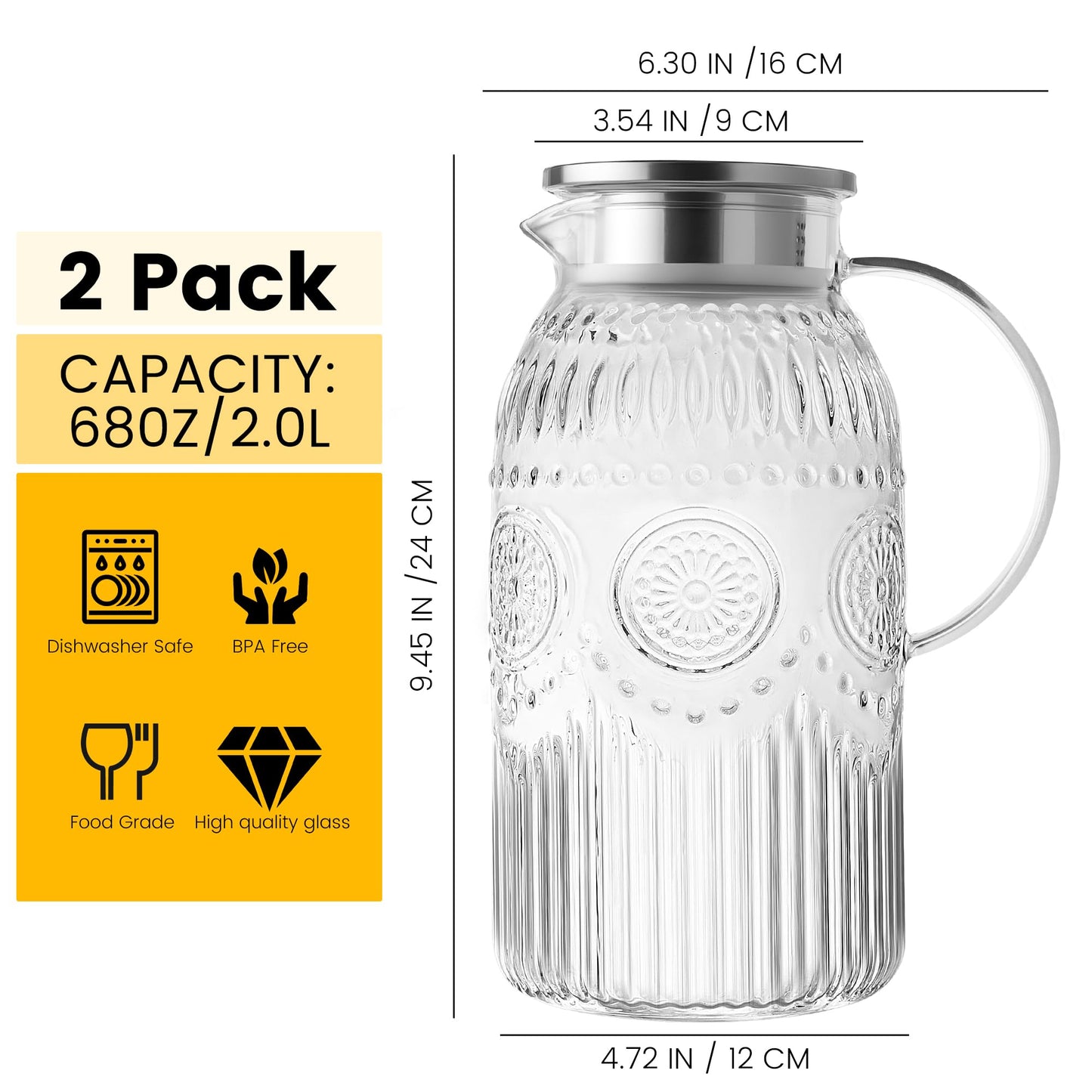 Bandesun Glass Pitcher with Lid, 68 oz/ 2 Liter 2Pack Vintage Water Pitcher,Glass Water Carafe for Cold Brew, Coffee, Lemonade, Iced Tea,Beverage, Heat Resistant Jug