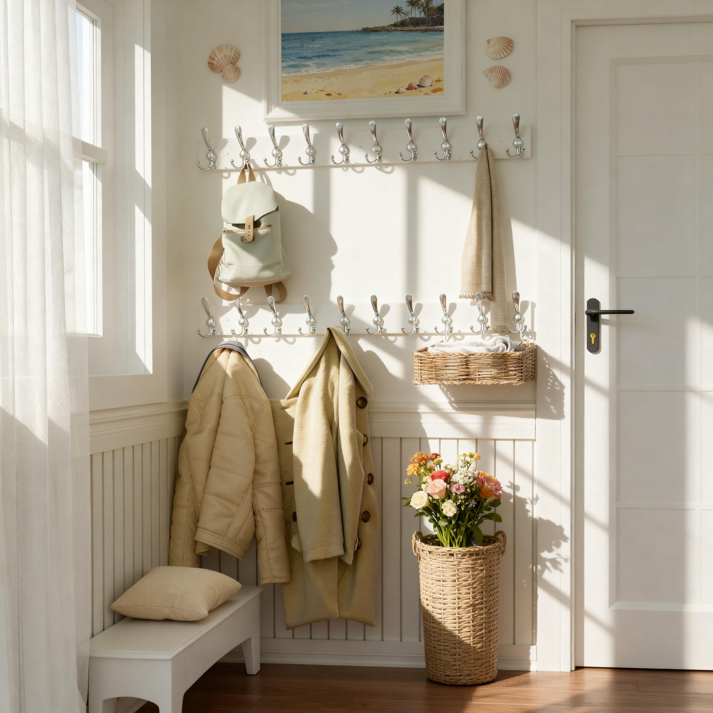 SKOLOO Creations White Solid Wood Wall Mounted Coat Rack, 10 Hooks, 38-1/8" Long - Kitchen, Mudroom, Entryway, Bathroom - Includes Mounting Hardware, Wall Coat Hanger, Towel Rack