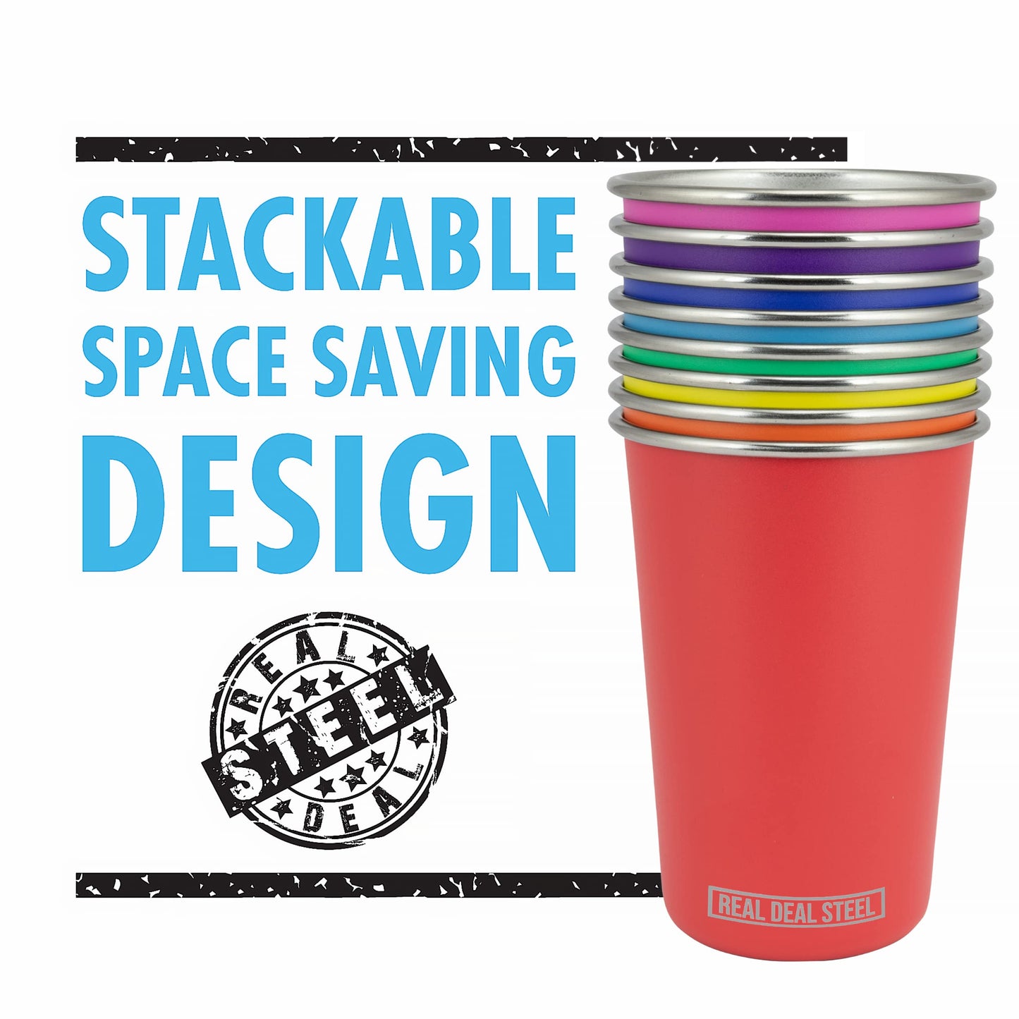 Real Deal Steel Rainbow Cups 16 oz Pint Cups, Stackable Tumblerrs, Eco Friendly Premium Metal Drinking Glasses