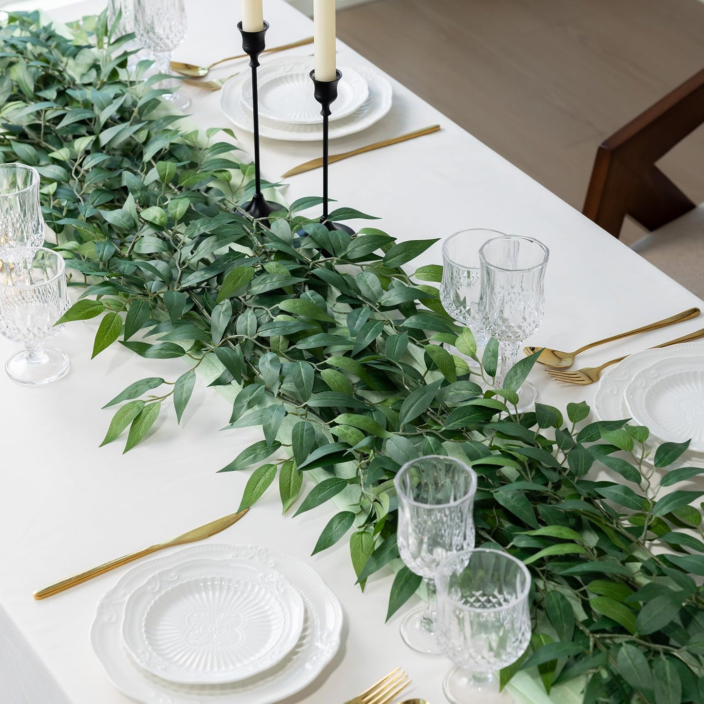 mizii 36pcs Italian Ruscus Artificial Greenery Stems Silk Green Leaves 20in Fake Spray Plants Stem Garland Greenery Decoration for Centerpieces Wedding Arch Flower Bouquet Table Room Wall Decor (36)