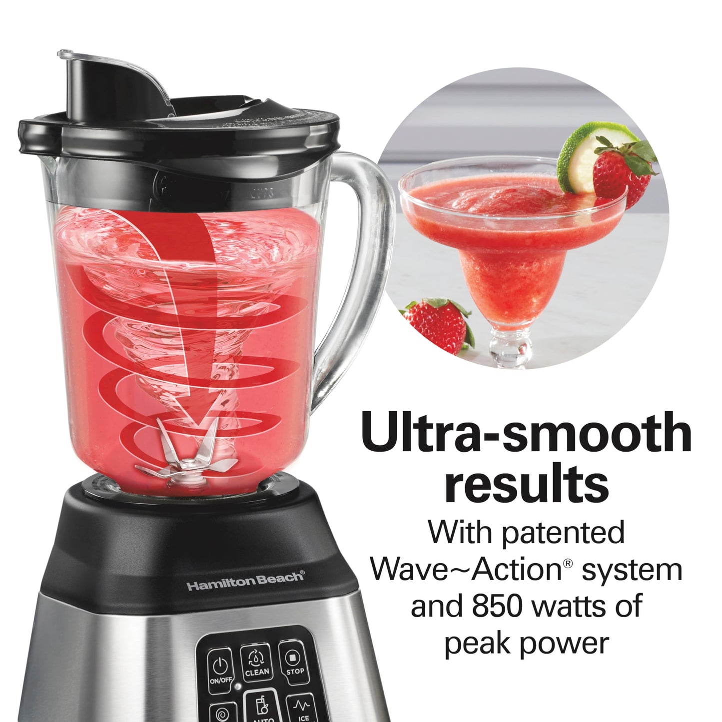 Hamilton Beach Blender for Smoothies with 5 Functions Including Auto Smoothie Cycle, Wave Action System for Ultra Smooth Results, 850 Watts, 40oz BPA Free Glass Jar, Stainless Steel (56208)