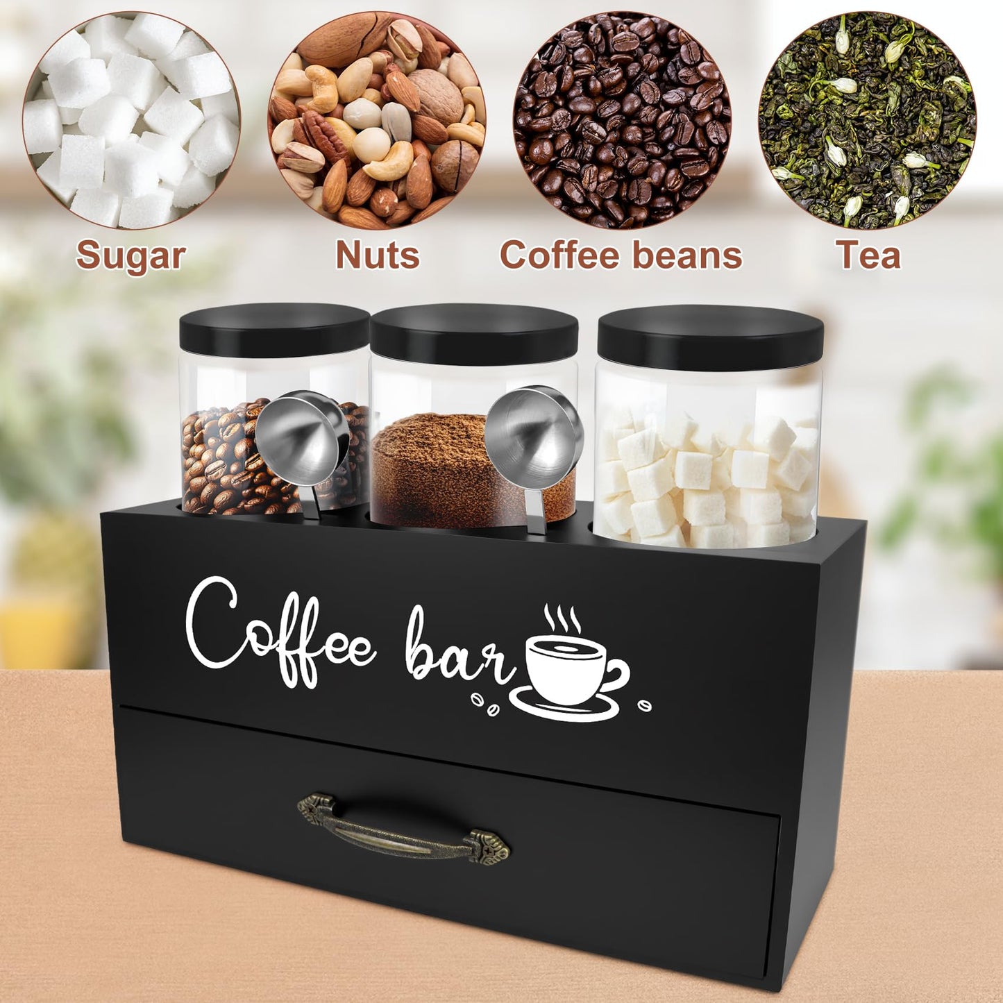 MACIFECI 54 oz Coffee Canister Set with Shelf, Coffee and Sugar Container Set of 3 Canisters Sets for Kitchen Counter, Plastic Coffee Bean Storage Container with Scoop (Black - Drawer)