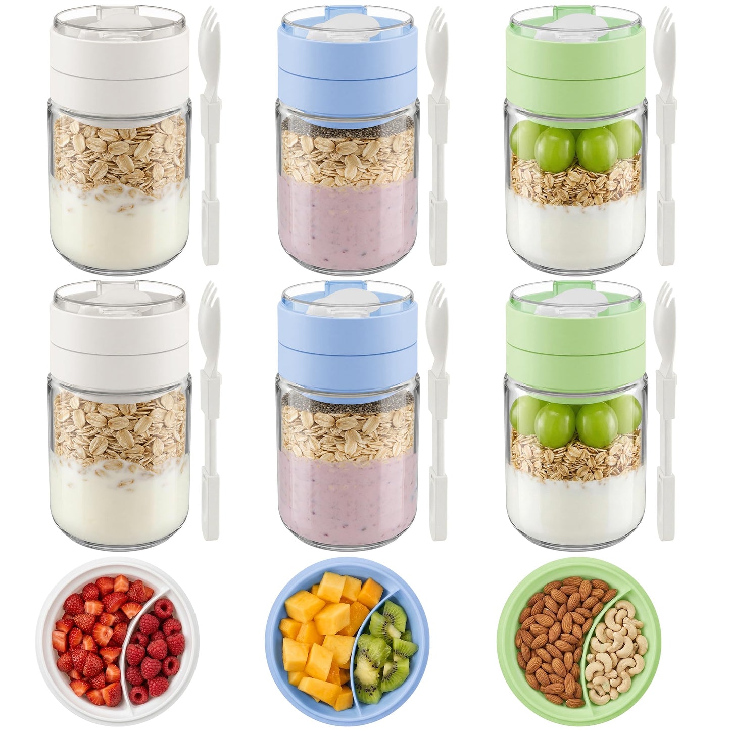Vtopmart 6 Pack 16 oz Overnight Oats Containers with Lids, Folding Spoons and Divided Compartments, Airtight Leakproof, Glass Jars for Overnight Oats, Yogurt, Fruit, Chia Pudding, Meal Prep