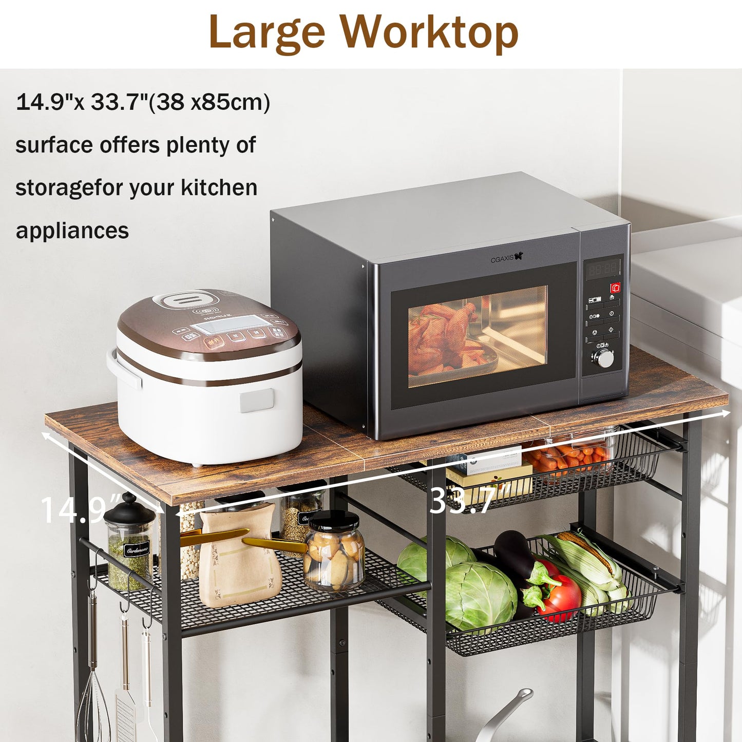LAKEMID Kitchen Bakers Rack,Microwave Stand with Storge 3-Tier,Coffee Bar Station,6 S-Shaped Hook,Kitchen Storage Shelf,33.7D x 14.9W x 29.9H Inches,Rustic Brown