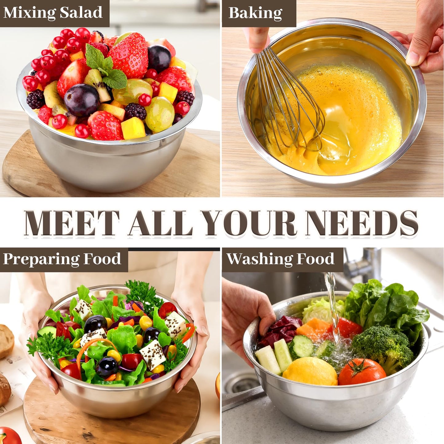 Boskermeal Mixing Bowls with Lids Set - 7PCS Nesting Mixing Bowls, Lids, Stainless Steel Mixing Bowls for Mixing, Baking & Meal Prep, Dishwasher Safe, Size 0.7/1.1/1.5/2.1/3.5/4/4.5 QT, Khaki