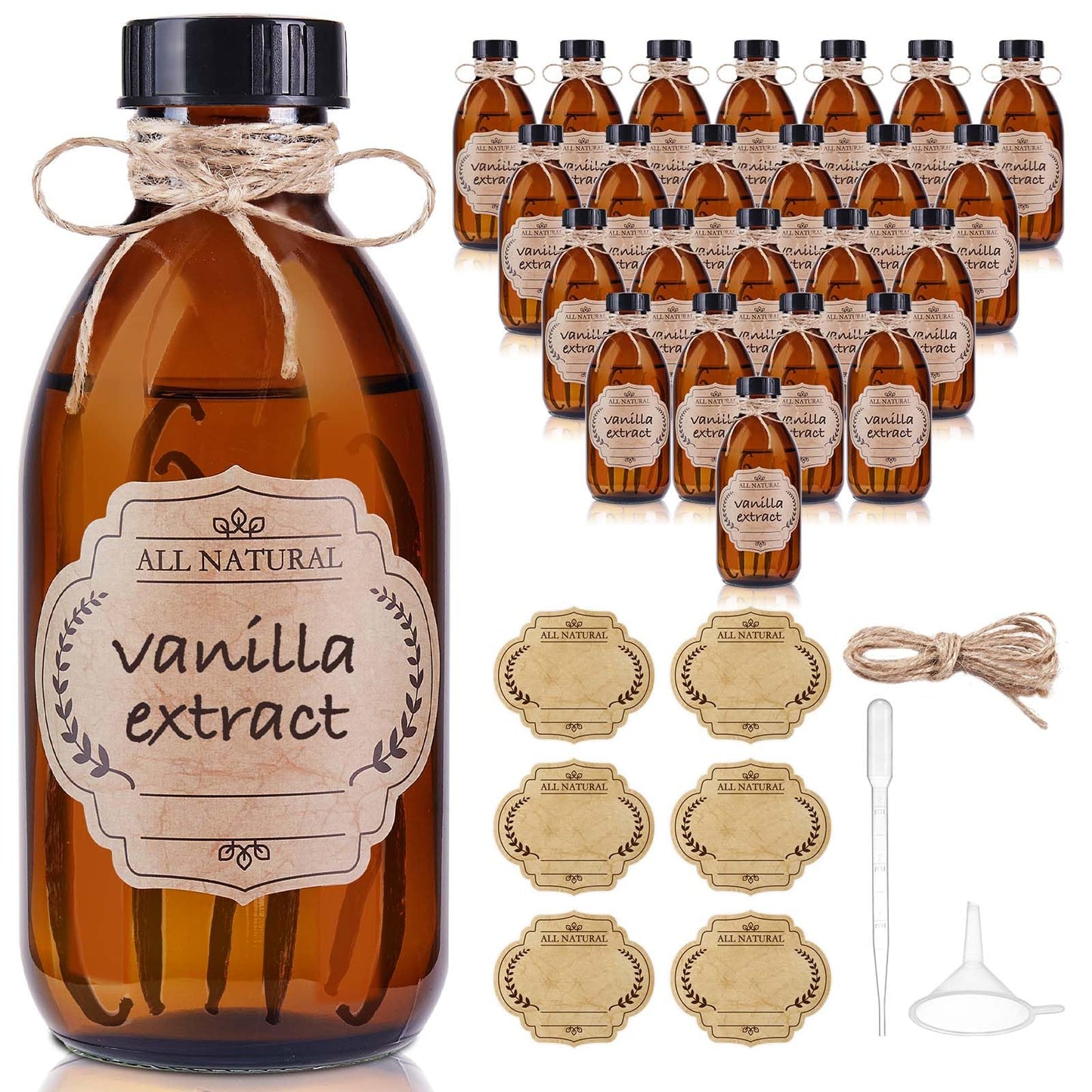 Elumeiro 24 Pack 8 OZ Amber Glass Bottles with Lids, Leakproof Glass Bottles for Vanilla extract, Shampoo, Tinctures, Essential Oils, Homemade Hot Sauce, Syrup, Boston Round Brown Bottle