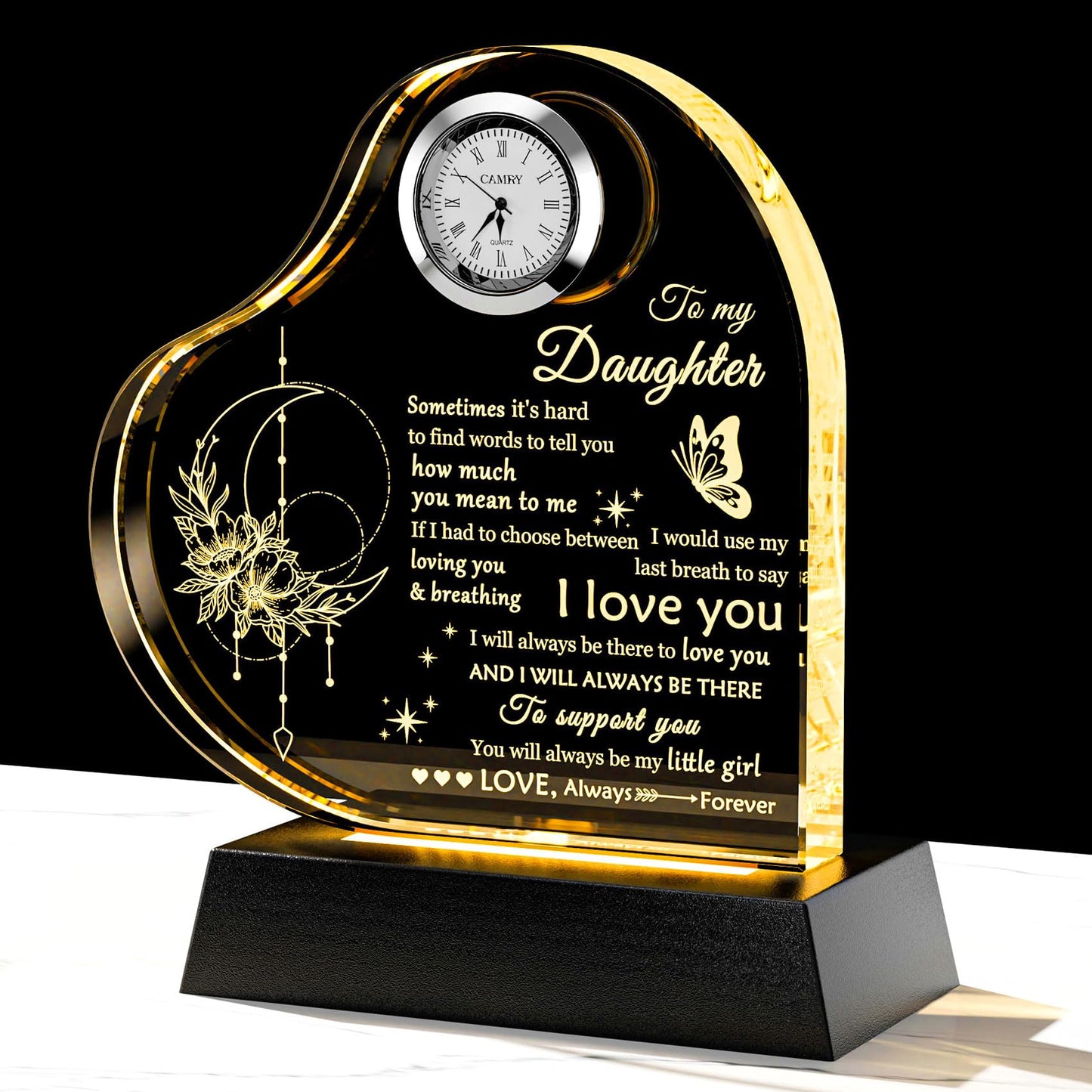 Movdyka Daughter Gifts from Mom Dad Unique Glass Heart Shaped Keepsake, Birthday Gifts for Daughter Adult with Colorful Light Base, Present to My Daughter on Wedding Mothers Day Graduation