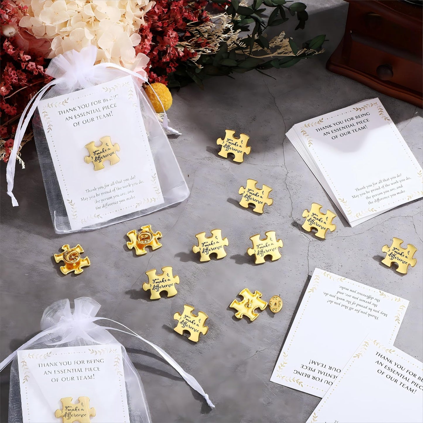 Solsew 100 Sets Employee Appreciation Gifts Bulk Puzzle Piece Lapel Pin Thank You Card and Organza Bag Building Recognition Soccer Baseball Team Gift for Employee Office Staff Coworker (Difference)