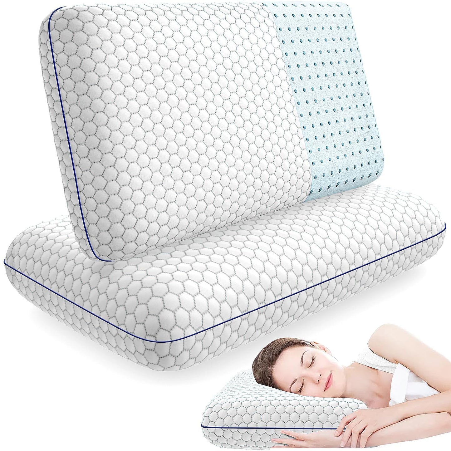 CushyOasis 2 Pack Memory Foam Pillows for Side, Back and Stomach Sleepers, Bed Pillow with Washable Cover and Breathable Mesh, Bed Pillow for Sleeping, Grey，Standard Size
