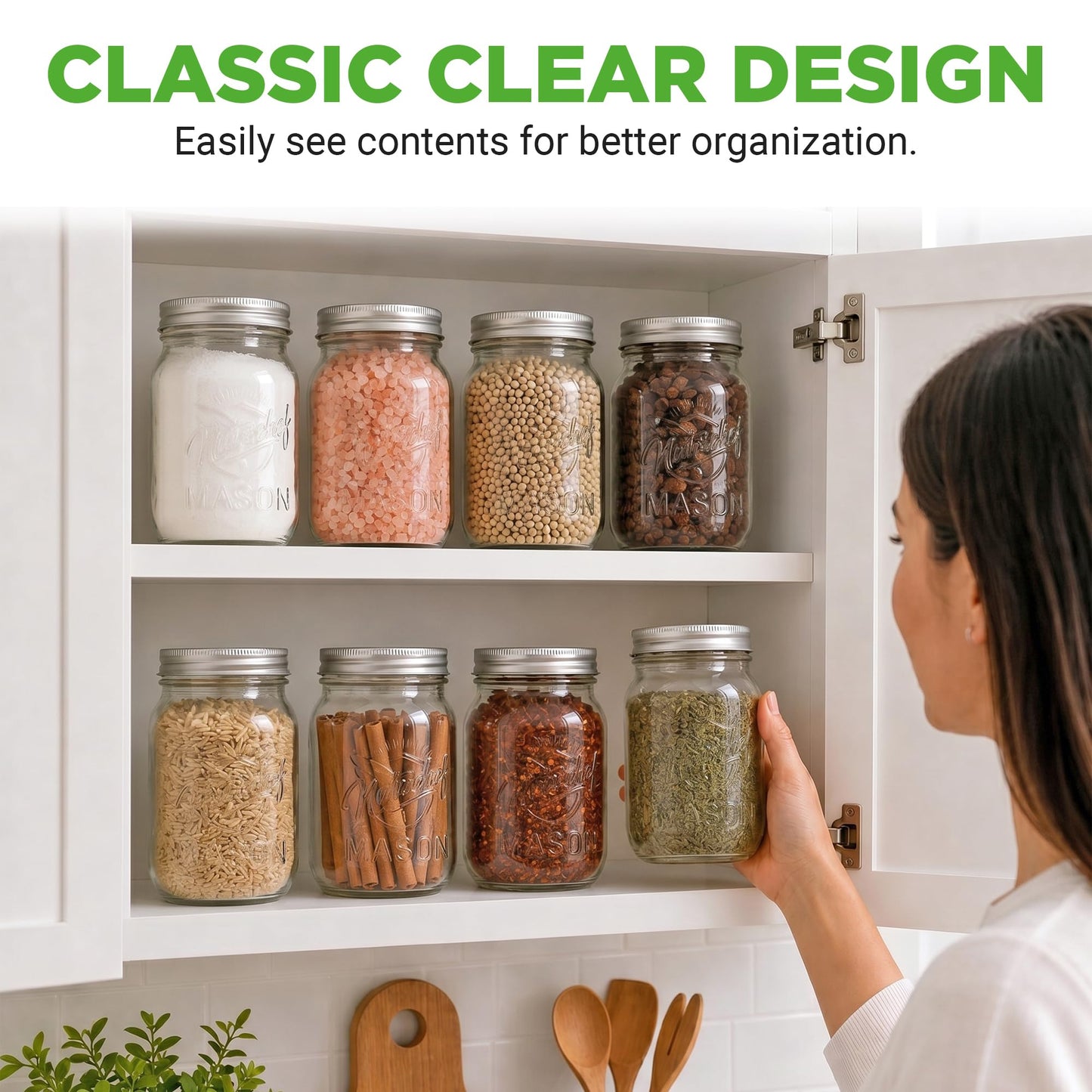NutriChef 8-Pack 16 oz Mason Jars with Lids - Thick Glass Canning Jars with Stainless Steel Lids - Ideal for DIY Spices, Meal Prep, Overnight Oats, Jelly, Jam, Honey, Candles, Crafts, & More