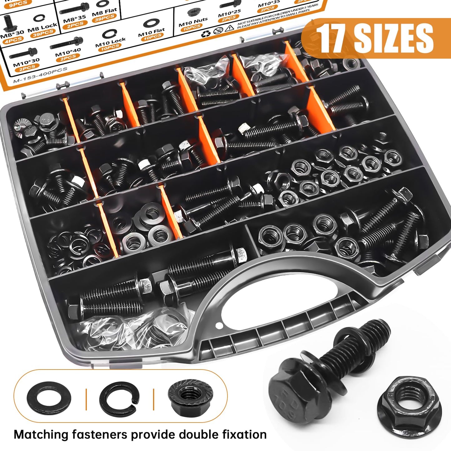 mankk 400PCS Metric Grade 10.9 Flange Bolts and Nuts Assortment Kit M6x1.0, M8x1.25, M10x1.5 (12mm to 45mm) Black Alloy Steel Class Hex Bolts and Nuts Washers Kit for Automotive
