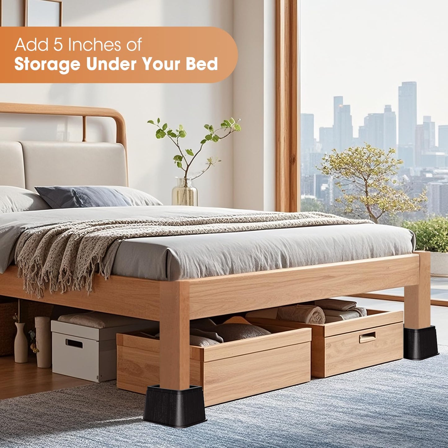 MYMULIKE Bed Risers 5 Inch, Oversized Fit Up to 5.5" Legs, Heavy Duty Support 6000lbs, Stackable Bed Raising Blocks Furniture Sturdy Bed Lifts for Couches, Tables, Desk(Black, 5 inch-4 Pack)