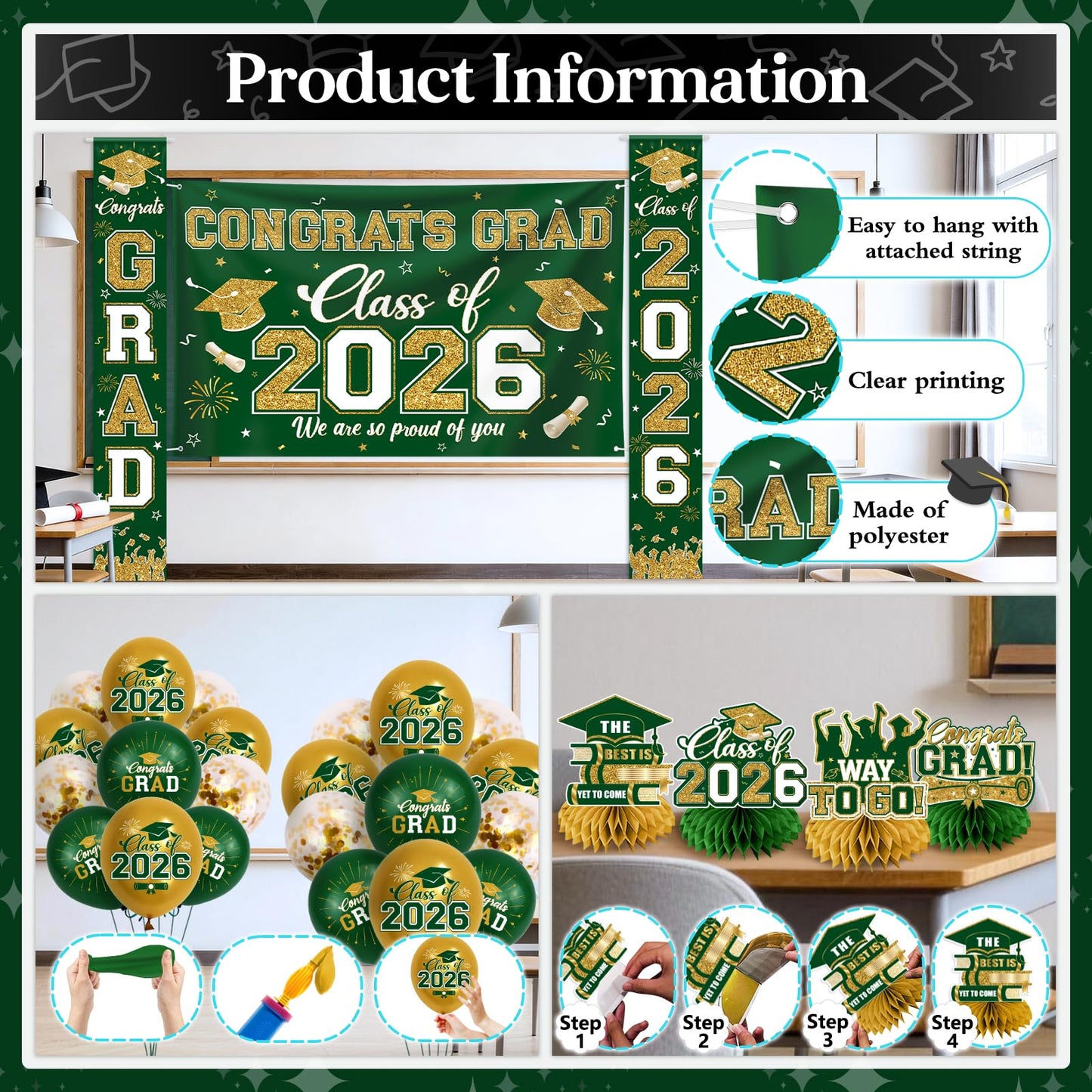 Green and Gold Graduation Decorations 2026 Set, All-in-1 Kit with Congrats Grad Banner Class of 2026 Backdrop Porch Sign Balloons Centerpieces Card Box Pom Poms Streamers for College High School