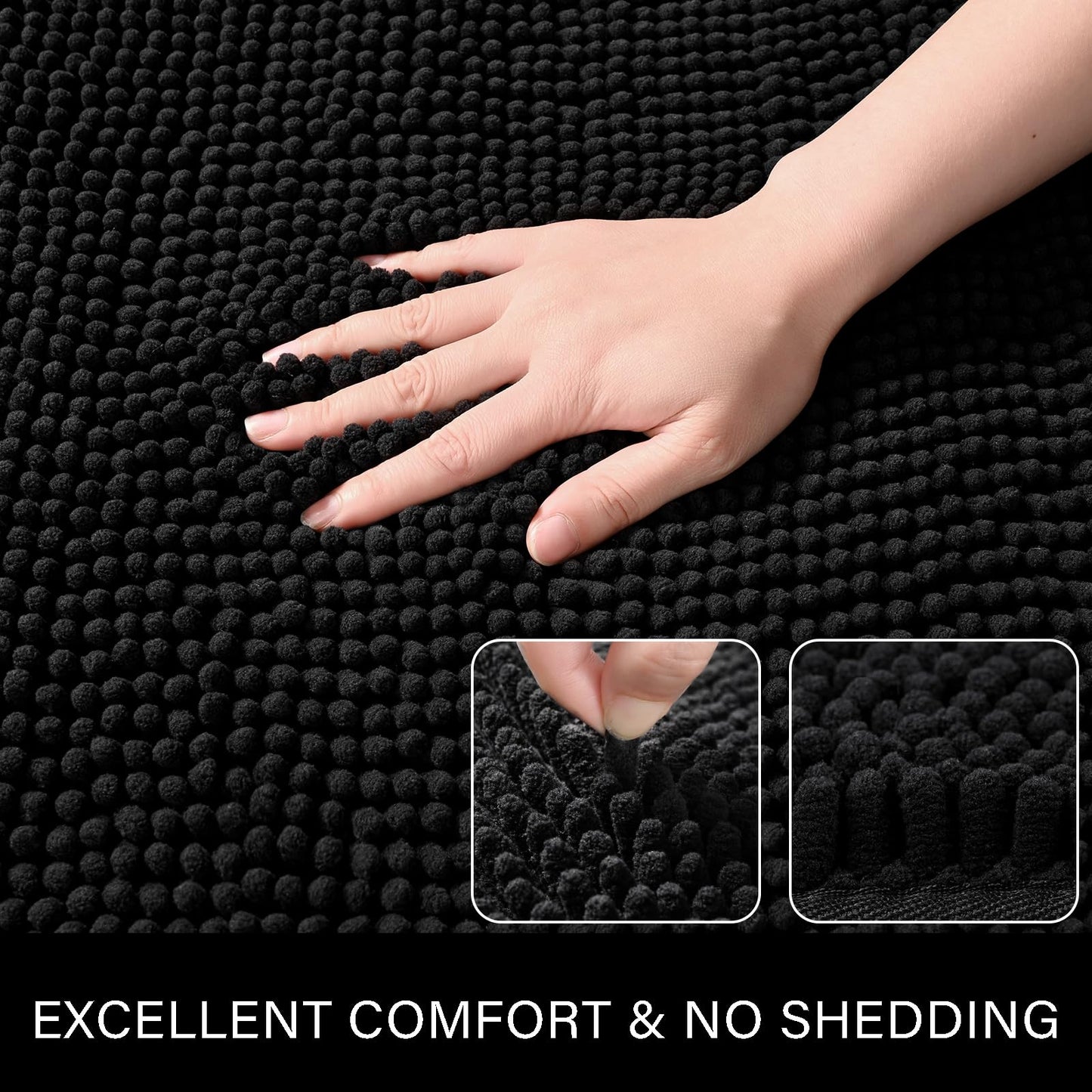 LOCHAS Luxury Bathroom Rug Shaggy Bath Mat 24 x 60 Inch, Washable Non Slip Bath Rugs for Bathroom Shower, Soft Plush Chenille Absorbent Carpets Mats, Black