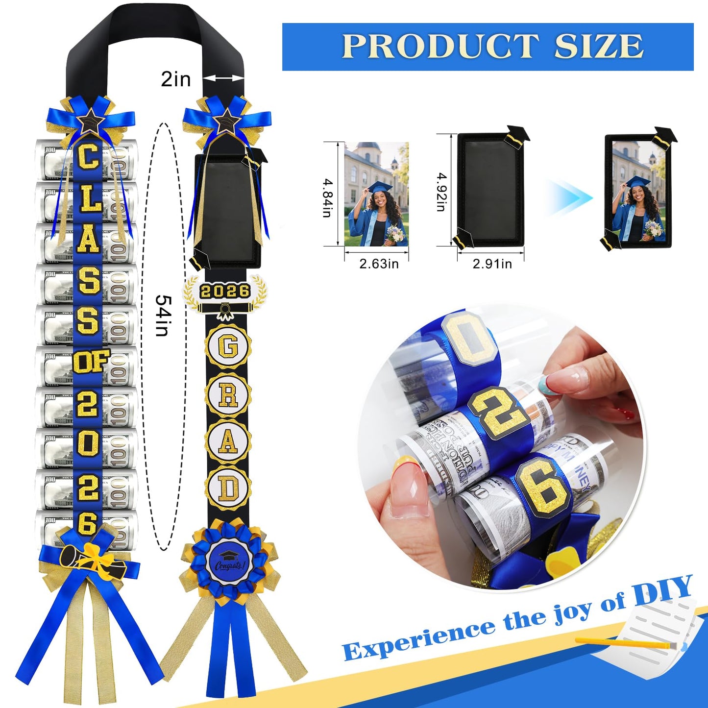 Phoncoo 2026 Graduation Money Lei with Cash Holder, DIY Graduation Ribbon Leis Class of 2026 with Felt Photo Frame for High School College Grad Party Gifts Supplies (Blue)
