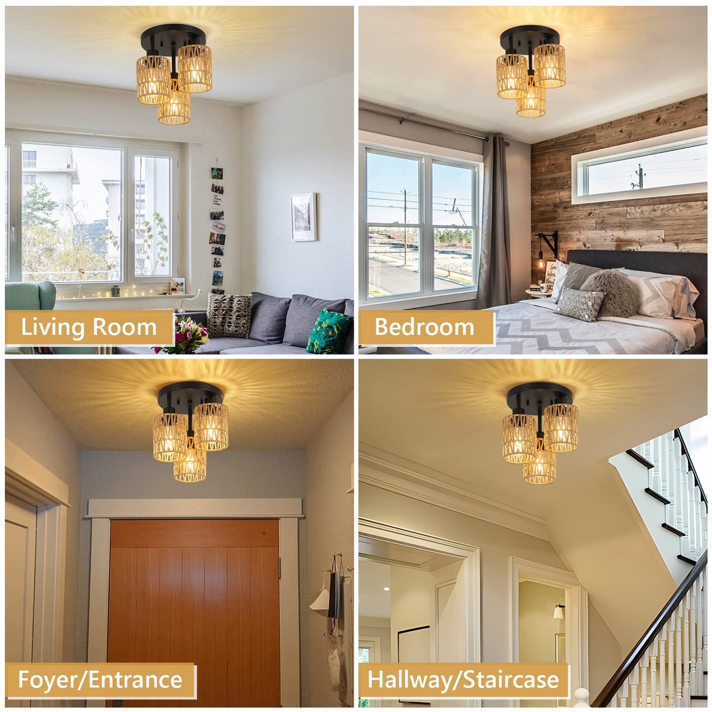 3-Lights Boho Light Fixtures Ceiling Mount, Farmhouse Rattan Chandelier, Hand Woven Cage Shade Semi Flush Mount Ceiling Lights for Bedroom Foyer Entryway Kitchen, Hallway Rattan Light Fixtures Ceiling