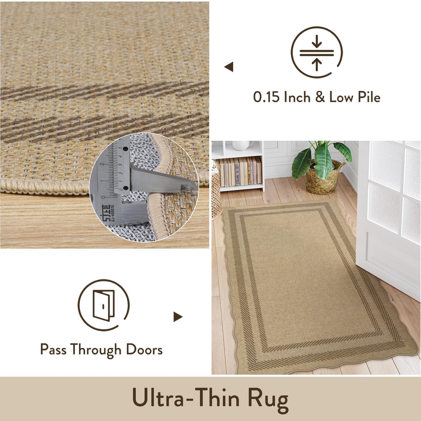 LIVEBOX Scalloped Washable 2x8 Kitchen Runner Rug, Easy Jute Geometric Tan Rugs for Hallway Runner Entryway, Indoor Outdoor Non Slip Rug Farmhouse Modern Carpet Door Mat for Porch Laundry Room