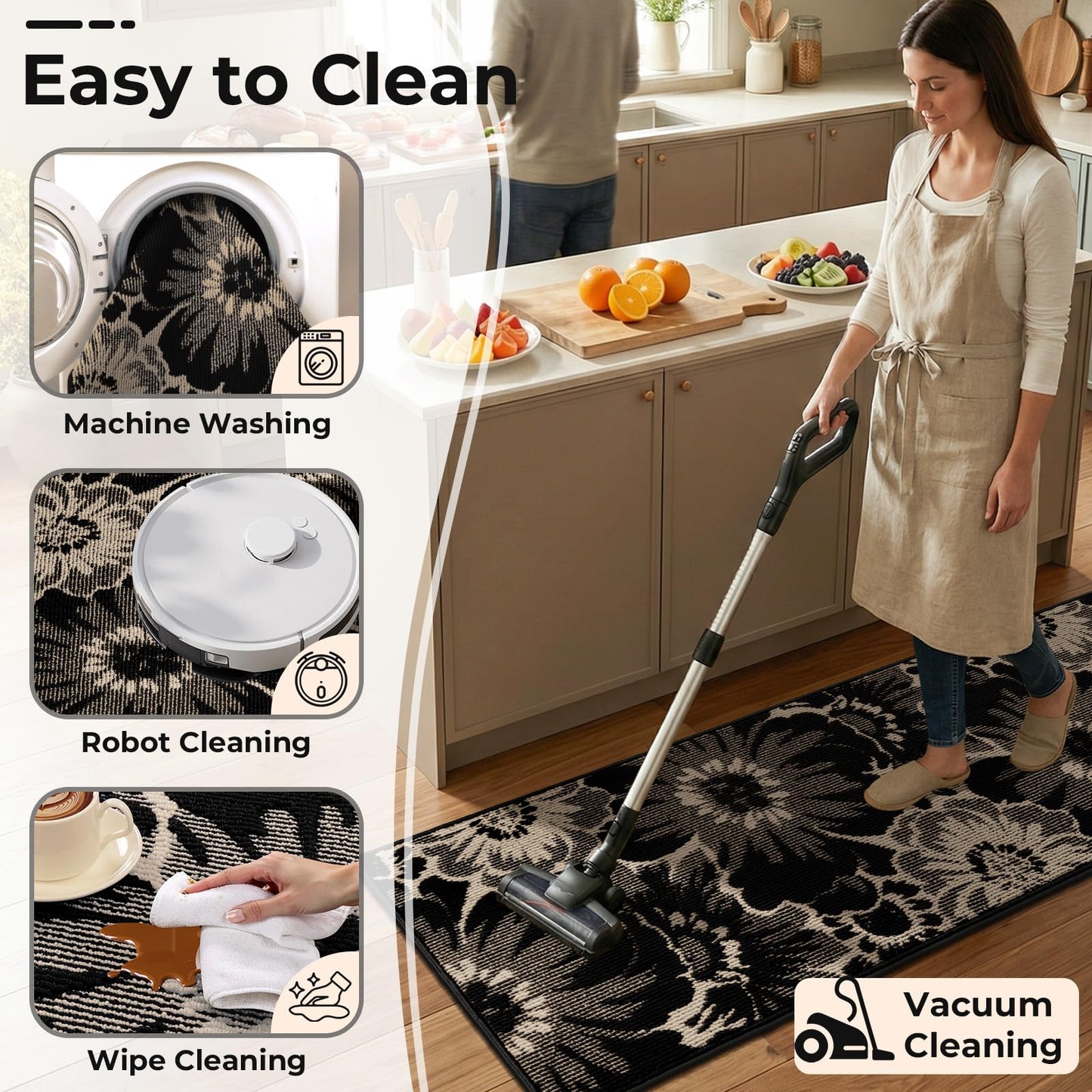 Findosom Hallway Runner Rug 2x10, Non Slip High-Low Textured Floral Washable Runner Rug with Rubber Backing, Boho Carpet Runner for Kitchen, Entryway, Bedroom, Laundry, Black & Beige