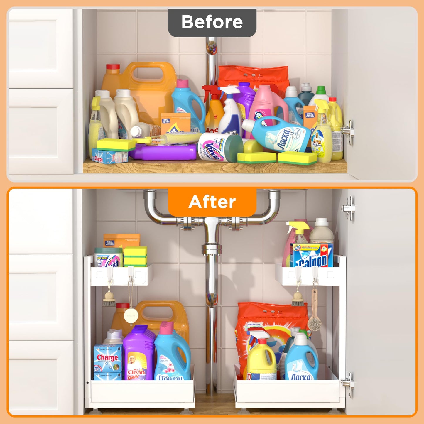 TATAANTY Under Sink Organizer 2 Pack, 2 Tier Metal Under the Sink Storage, Heavy Duty Slide out Pull out Cabinet Organizer, Height Adjustable for for Kitchen Bathroom Pantry Closet Organization Rack