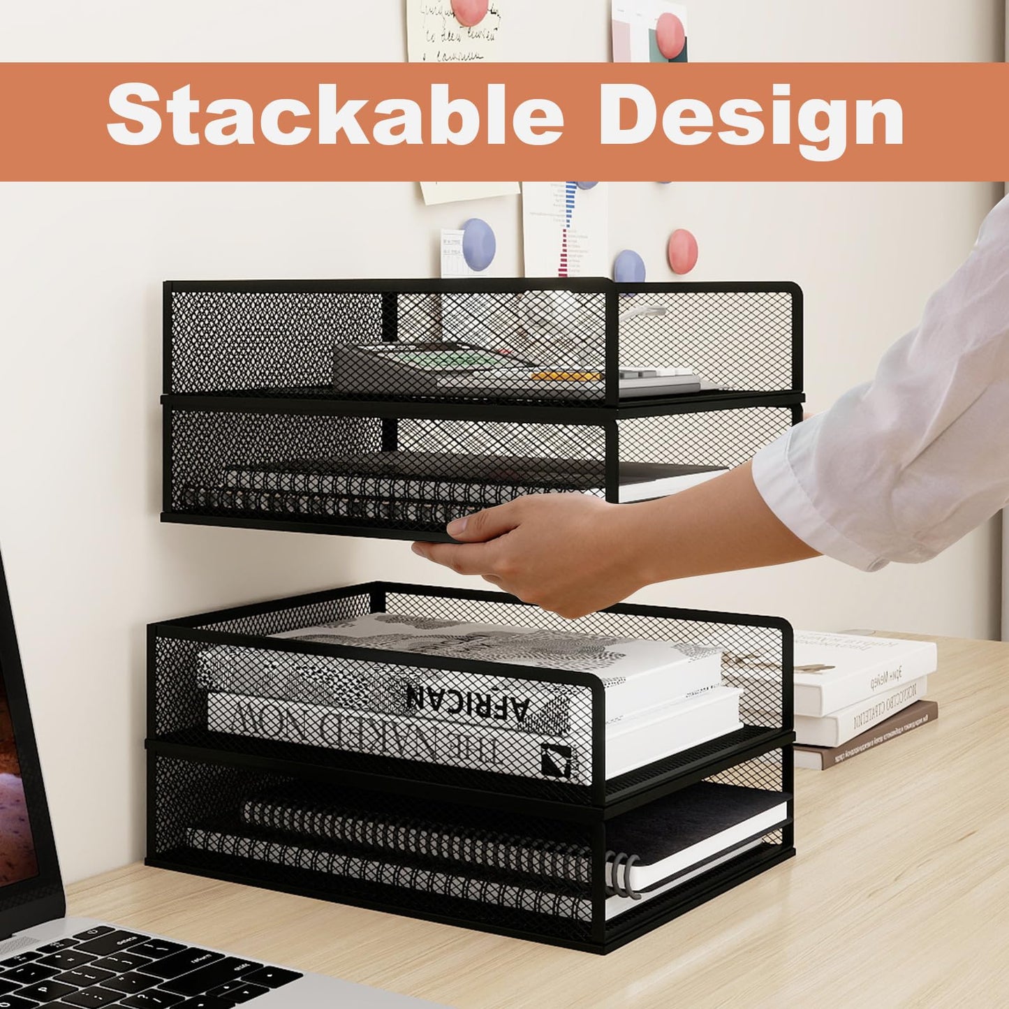 Natwind 4 Tier Stackable Paper Trays for Letter Documents, Desktop File Organizers for Office Supplies, Metal Mesh Desk Organizer，Office Organizer，Letter Trays for Home, Office, School，Black