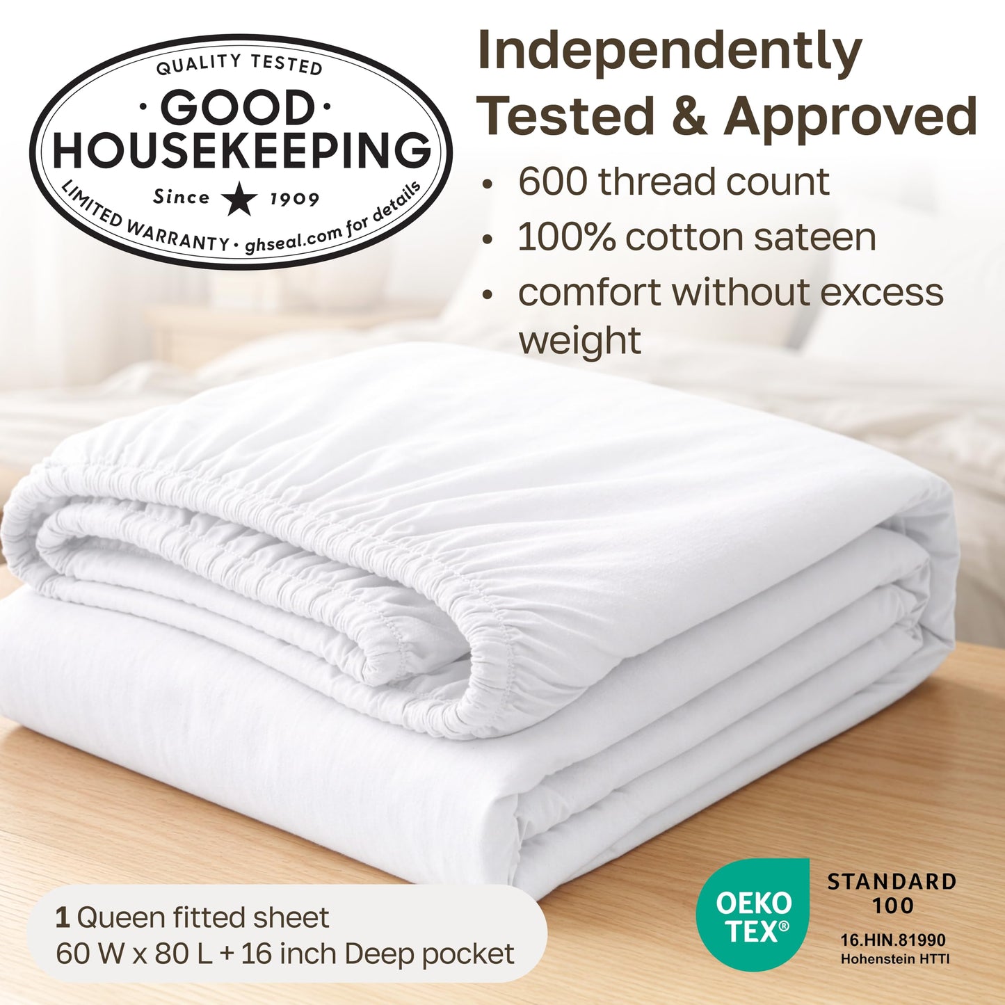 California Design Den Queen Size Fitted Sheet Only - 100% Cotton, 600 Thread Count, Soft Deep Pocket Bottom Fitted Sheet, Sateen Weave, Premium-Feel Bedding, Featuring Foot Side Indicator - White