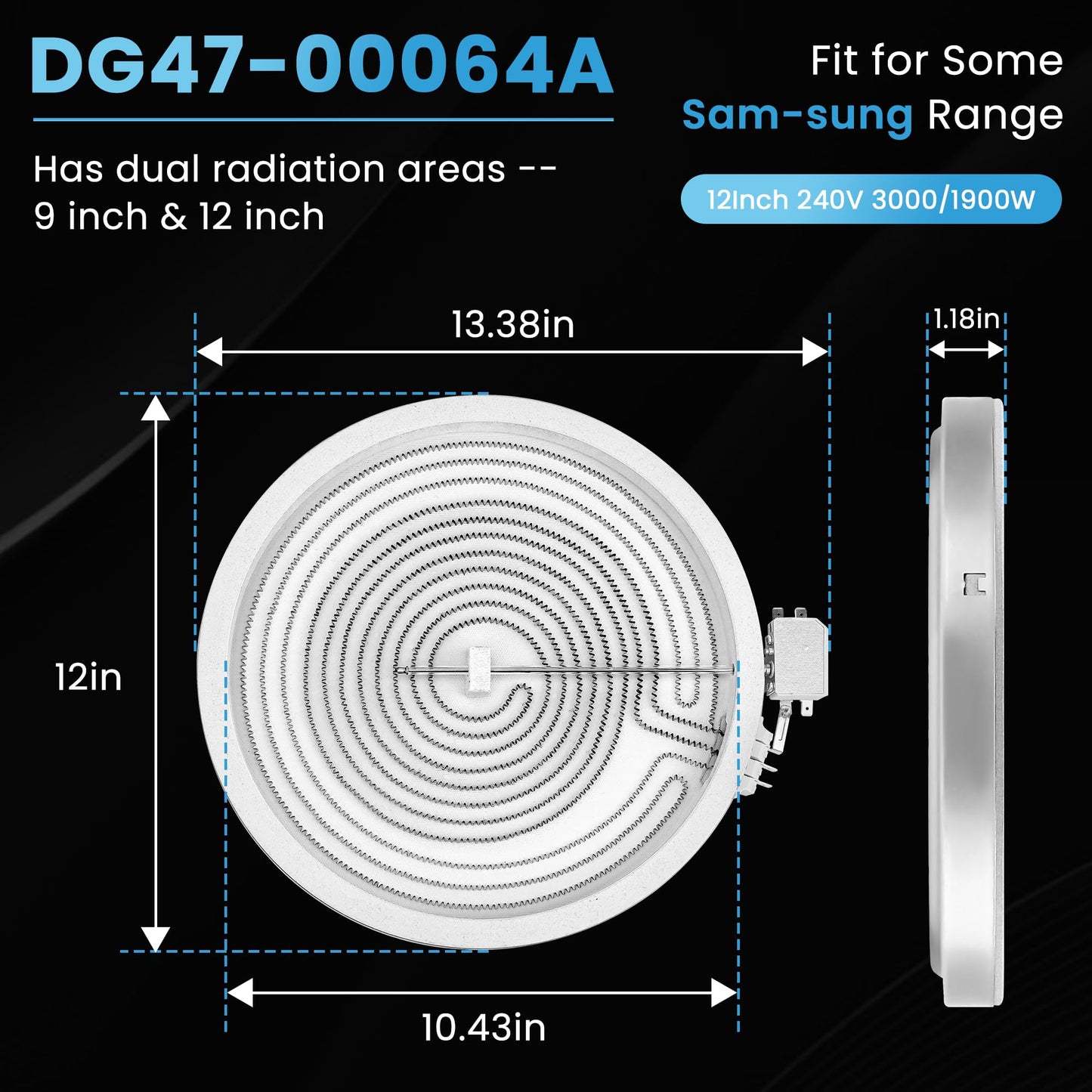 12 in DG47-00064A DG47-00056A Electric Range Dual Radiant Surface Element Fit for Sam-Sung NE58, NE59, NE63 Series Electric Stove, Replaces AP5986691 EAP11729066 PS11729066 by Fetechmate