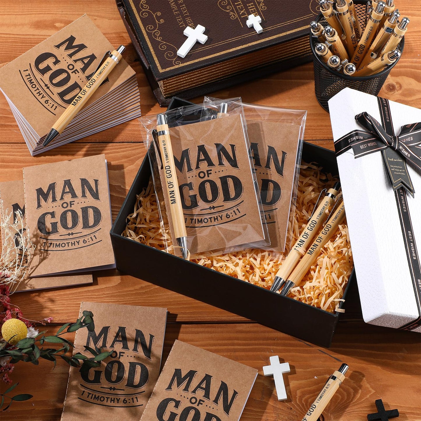 Sinload 50 Set Father's Day Christian Gifts for Men Man of God Gifts 1 Timothy 6: 11 Man of God Notebook and Pen Set Religious Prayer Journal Bible Verse Notepad Bamboo Pen