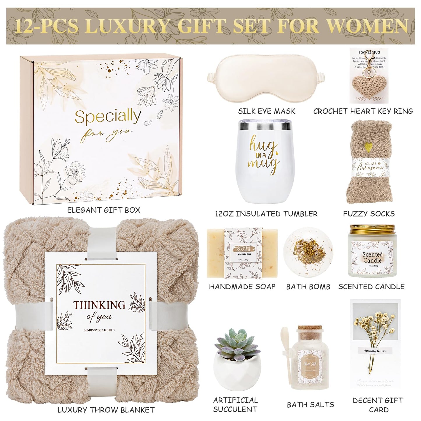 Get Well Gifts for Women Self Care Gifts Basket - Relaxing Spa Care Package After Surgery Mothers Day gifts - Feel Better Sympathy Mothersday Birthday Gift for Her Mom Sister Friend Wife (Khaki)