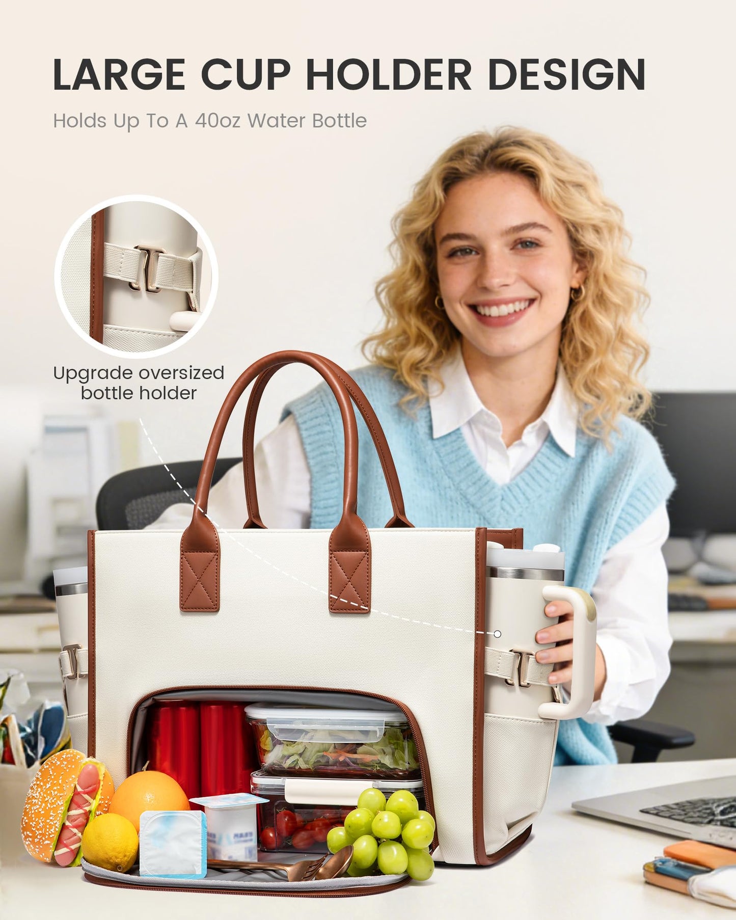 LOVEVOOK Work Tote Bag with Lunch Compartment with Giant Tumbler Holder,15.6 Inch Waterproof 3 in 1 Lunch Bag Women Men Laptop Bag Purse Tote with Padded Sleeve for Teacher,Nurse,College,Travel,Office