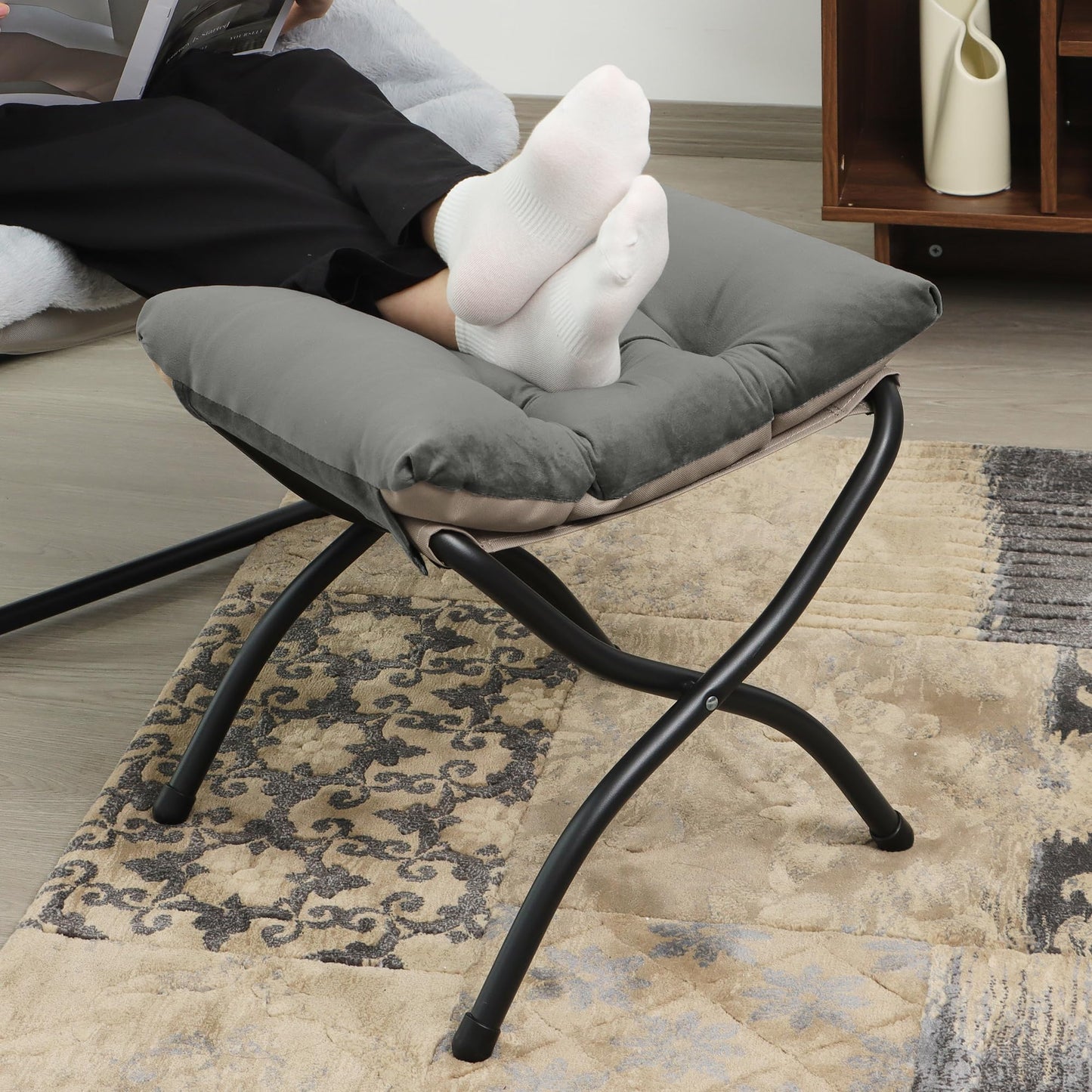Mordchil HF 15"(H) Folding Ottoman, Foldable Footrest Stool, Portable Small Foot Stool for Couch, Collapsible Foot Rest Ottoman for Sofa, Accent Padded Ottomans for Living Room, Bedroom, Dark Grey