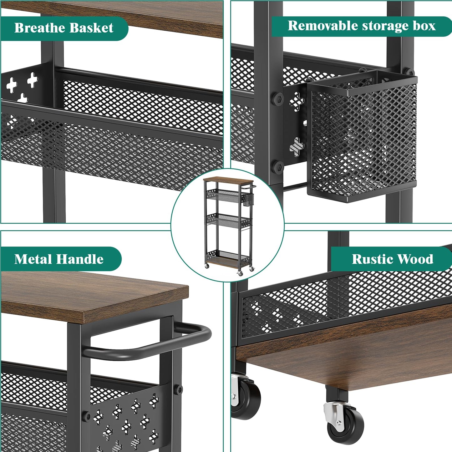 XYZLVSI Slim Storage Cart 4 Tier Laundry Cart with Wheels, Narrow Metal Kitchen Rolling Carts Bathroom Organizers Storage Shelf with Wood Rack and Handle for Small Space
