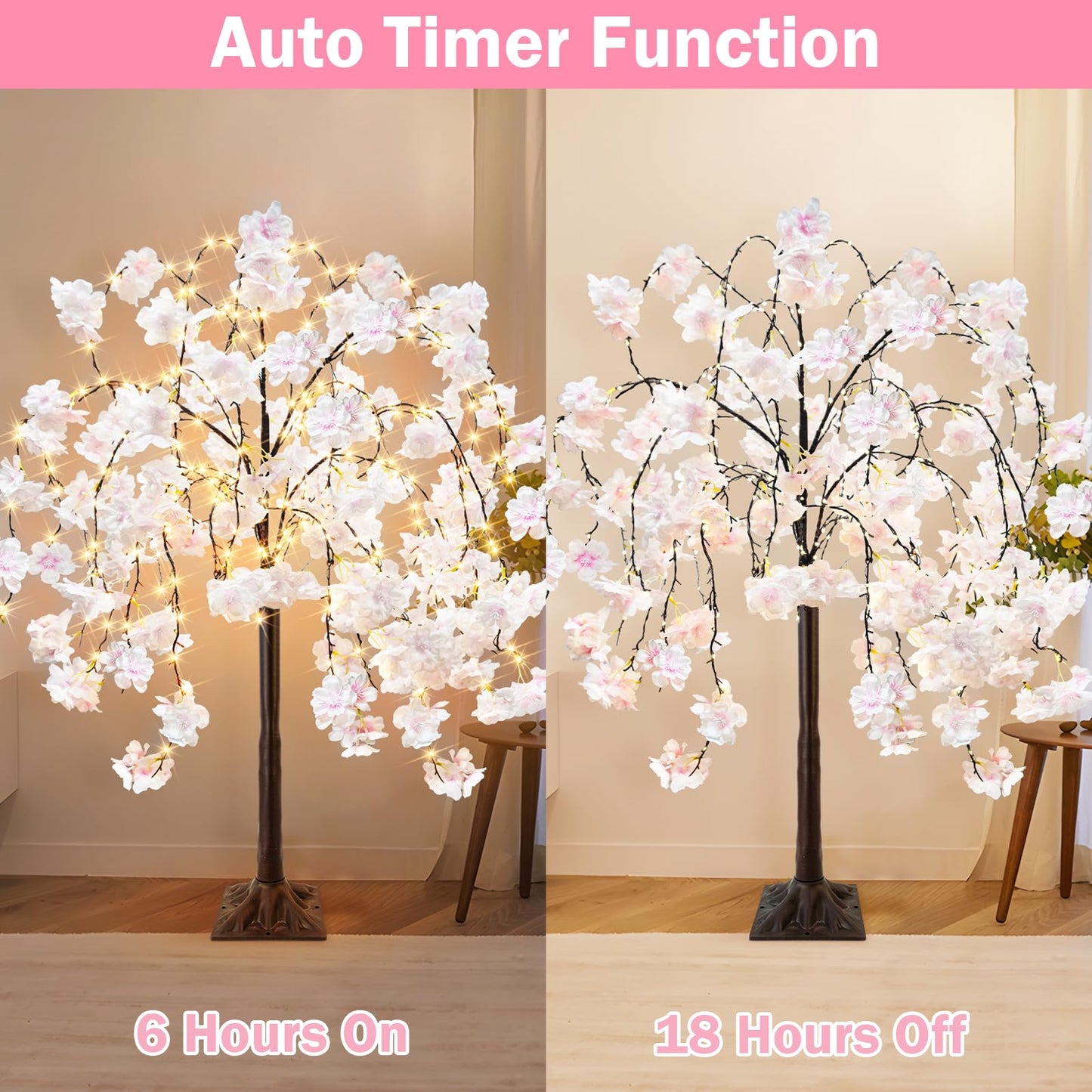 obbsie 4FT Cherry Blossom Tree with 360 LED Fairy Lights Artificial Lighted Tree with 8 Lighting Modes Light Up Pink Tree with Faux Flowers for Spring Wedding Party Indoor Outdoor Decor