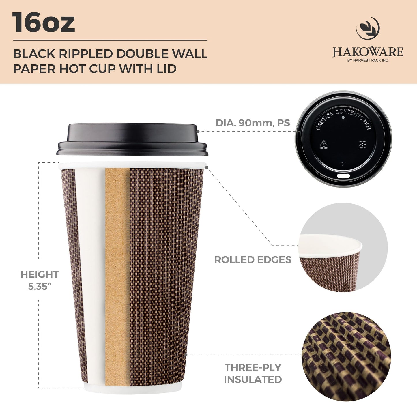 [85 SET]Harvest Pack 16 oz Disposable Coffee Cups, Insulated Ripple Double-Walled Paper Cups with Lids, Brown Geometric, Hot Paper Cups for Tea Chocolate Party Drinks To go coffee cups