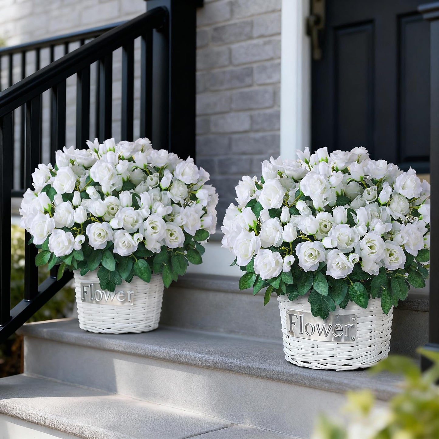 Juxdp 2 Set of Artificial Rose Topiary Trees - Faux Silk Flower Potted Plant, UV Resistant Fake Outdoor Rose Bush for Front Door, Farmhouse, Porch, Garden Decor (White)