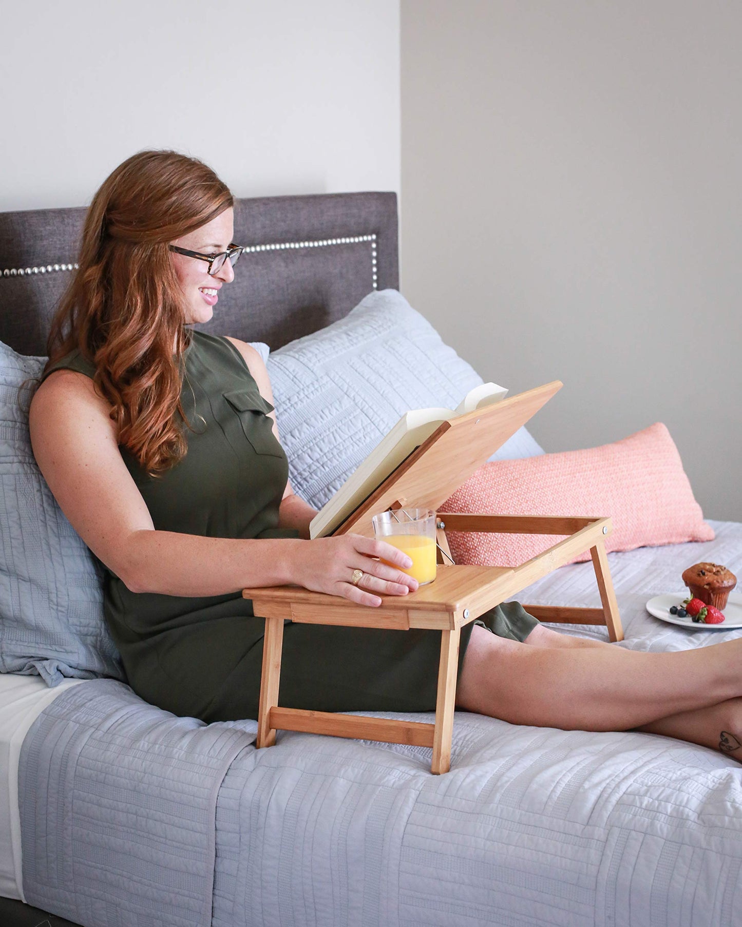 BirdRock Home Bamboo Laptop Bed Tray (Natural)| Multi-Position Adjustable Surface | Pull Down Legs | Storage Drawer