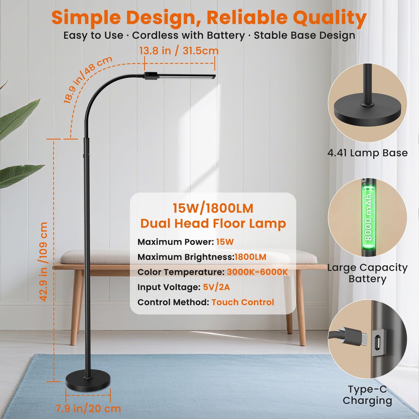 Cordless Floor Lamp Rechargeable LED - Battery Operated 8000mAh, Dual Head Gooseneck Reading Light with Touch Control, IP54 Waterproof Portable Floor Lamp for Living Room Bedroom Outdoor Emergency