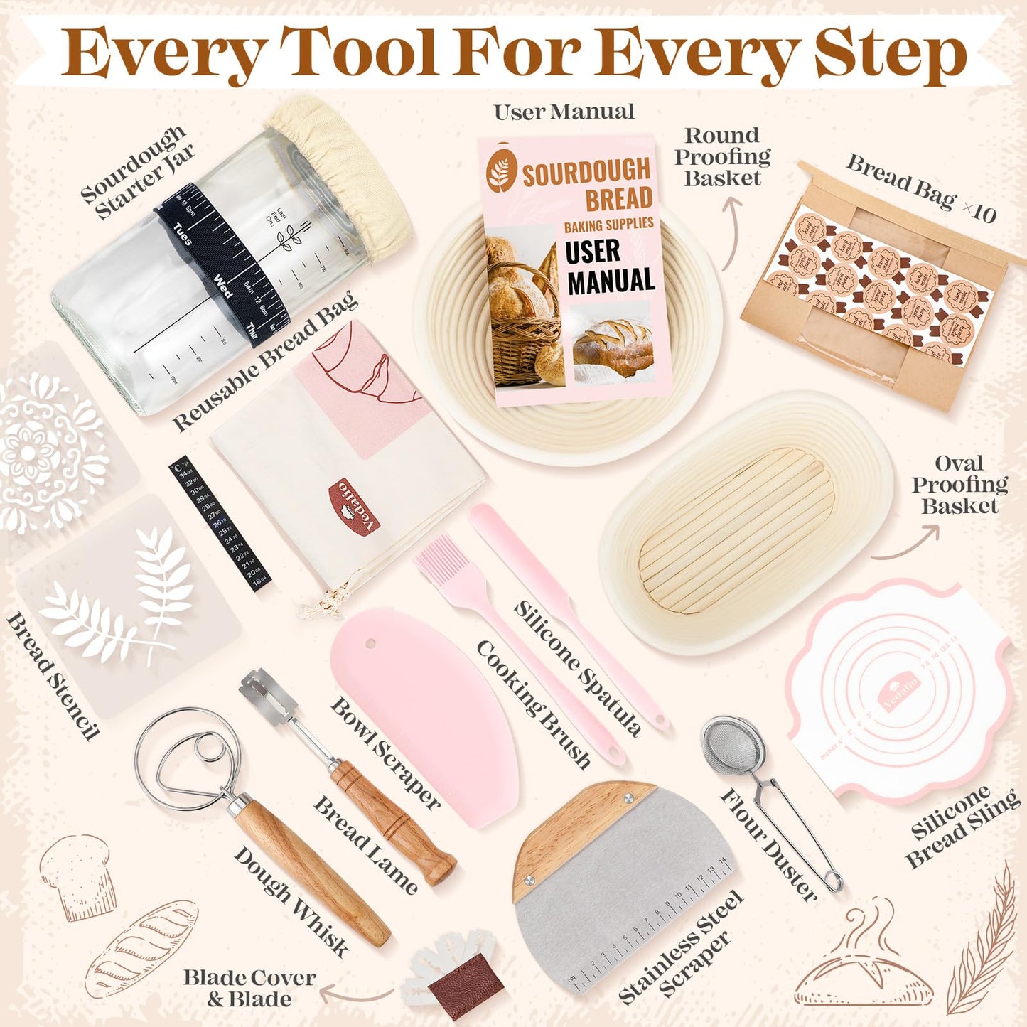 Sourdough Starter Kit, Sourdough Bread Baking Supplies, Sour Dough Starter Kits, Pink Sourdough Kit, Baking Gifts for Women, Bread Proofing Basket, Sour Dough Bread Making Kit Tools Baking Set