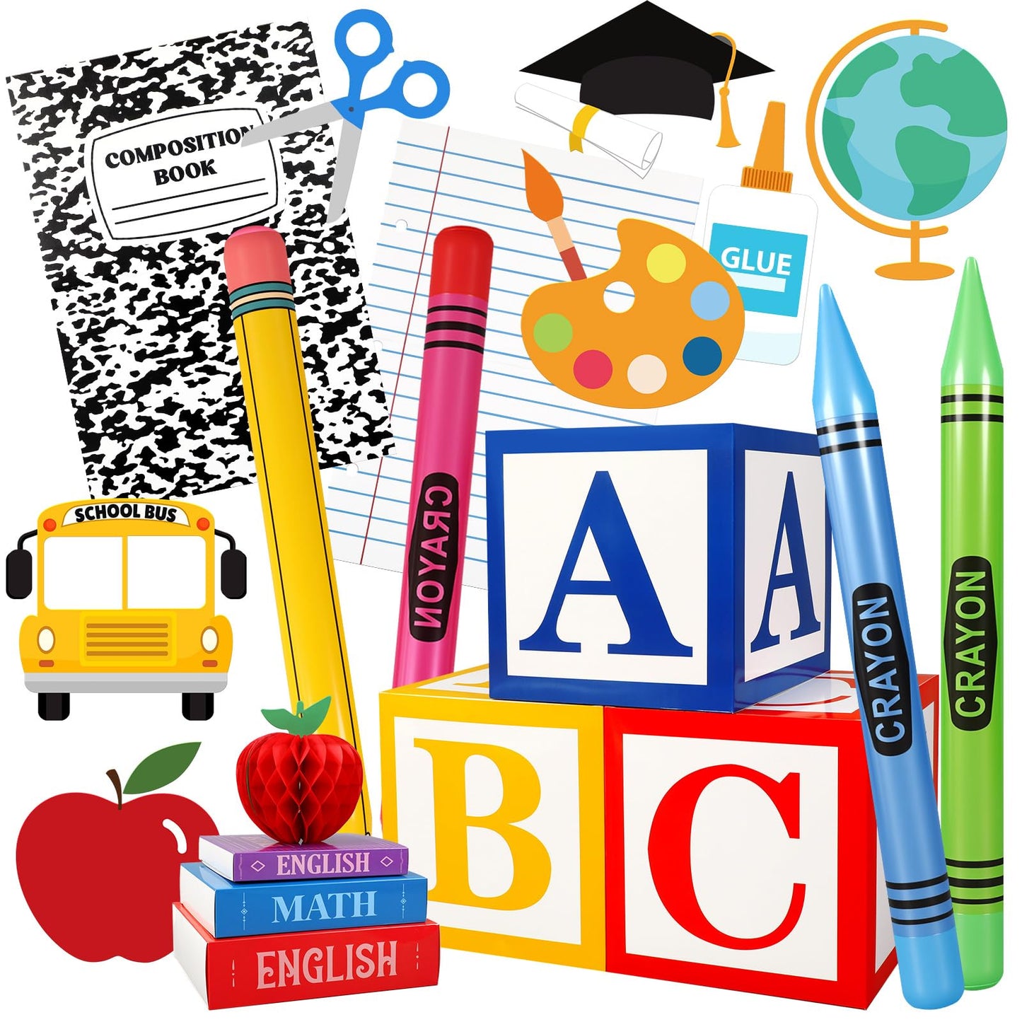 Resholder 23 Pcs Kindergarten Giant School Theme Party Decorations Abc Alphabet Party Favor Box Large Inflatable Pencil Crayon Balloons for Kindergarten Back to School Graduate Celebration Supplies
