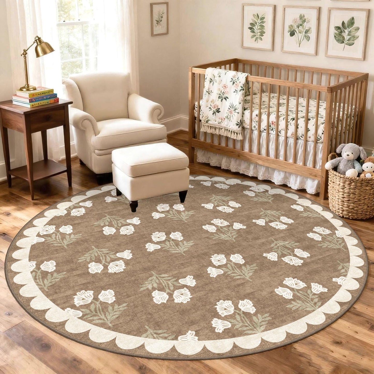 Othilic Tan Entryway Round Rug 4ft - Washable Boho Floral Neutral Farmhouse Scalloped Round Area Rug for Bedroom Non Slip Stain Resistant Circle Rugs for Living Room Kitchen Entryway Bathroom Nursery