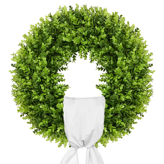 Vlorart 20" Boxwood Wreath for Front Door with Sash & Plaid Bow, Full Lush Artificial Greenery Wreath for Spring Summer Farmhouse Wall, Window & Wedding Decor