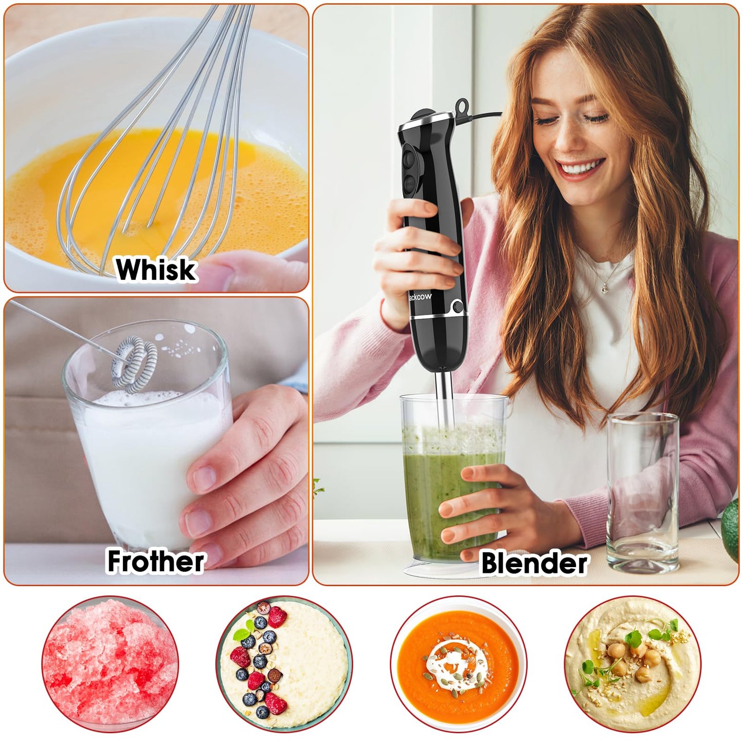 Immersion Blender Set for Kitchen,500W Extra Quiet Emulsion Blender Handheld,12 Speed Electric Hand Mixer with BPA Free Attachments:Chopper Bowl,Whisk,Milk Frother,Measuring Cup