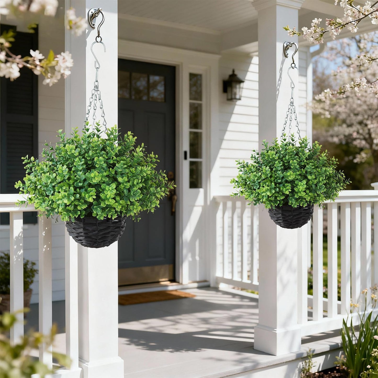 FOTEEWL Artificial Boxwood Hanging Baskets - 2 Sets of Hanging Plant Fake Bushes with Baskets,UV-Resistant Suitable for Outdoor,Porches,Eaves,Farmhouses,Courtyard Decorations